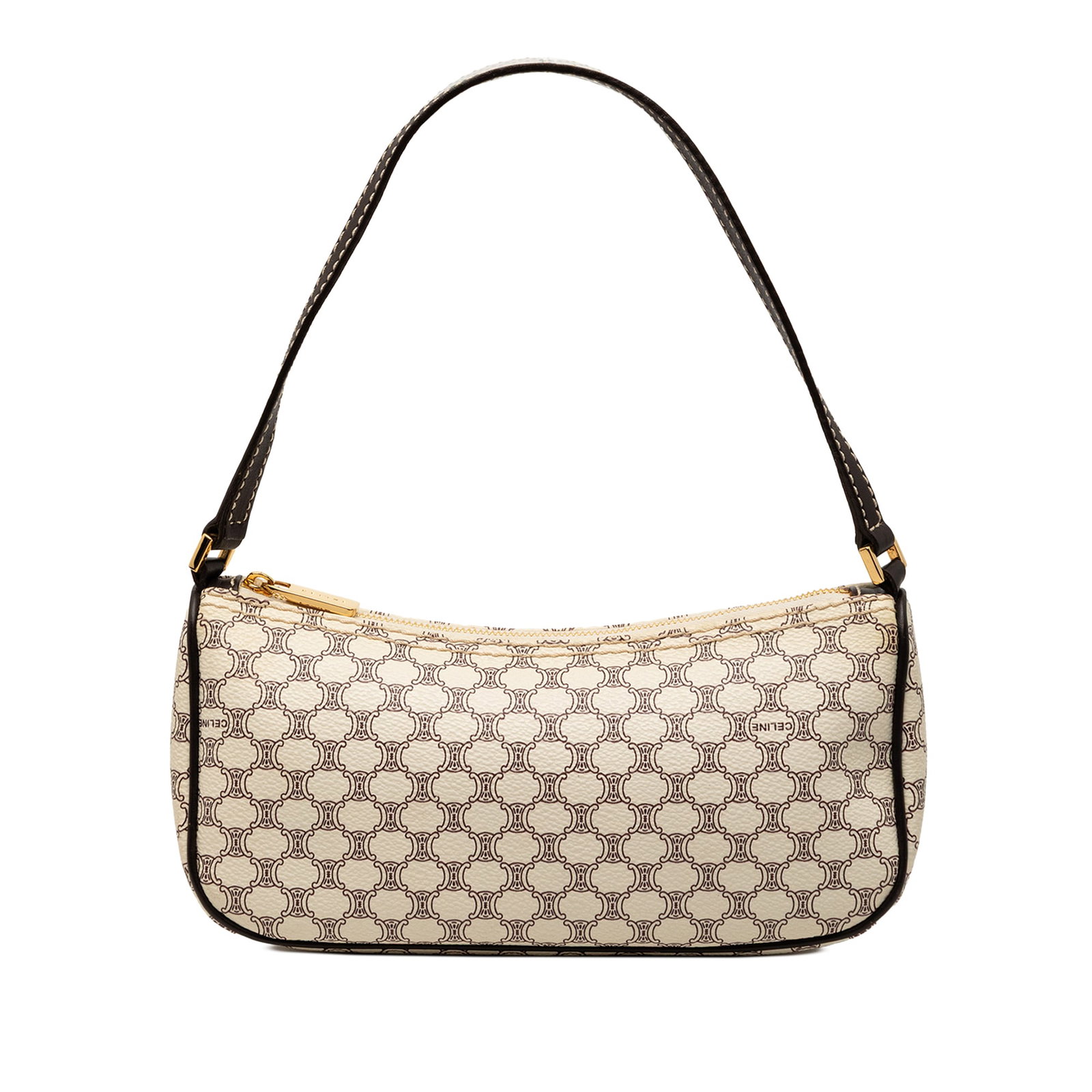Celine Macadam Brown Coated Canvas Shoulder Purse with Leather Trim: Celine Macadam Brown Coated Canvas Shoulder Purse with Leather Trim This Celine Macadam shoulder bag features a coated canvas body with leather trim and a flat leather shoulder strap. The bag is desig