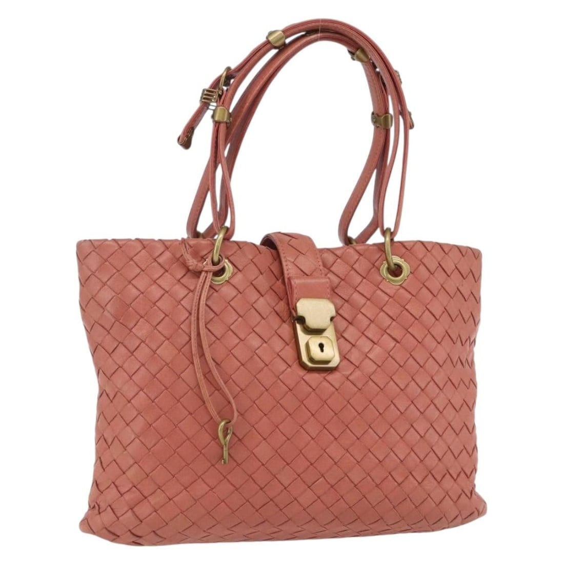 Pink and Gold Leather Intrecciato Handbag by Bottega Veneta with Dust Bag: Pink and Gold Leather Intrecciato Handbag by Bottega Veneta with Dust Bag This Bottega Veneta Intrecciato handbag features a pink and gold leather exterior with the brand's signature woven design. Mad