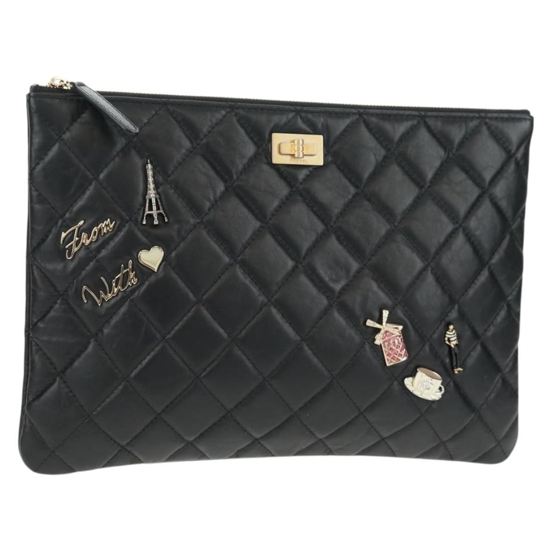 Chanel 2.55 Black and Silver Lambskin Matelasse Clutch Authentic Italy: Chanel 2.55 Black and Silver Lambskin Matelasse Clutch Authentic Italy This CHANEL 2.55 Matelasse clutch bag features luxurious lambskin leather in a striking silver and black color combination. Craft
