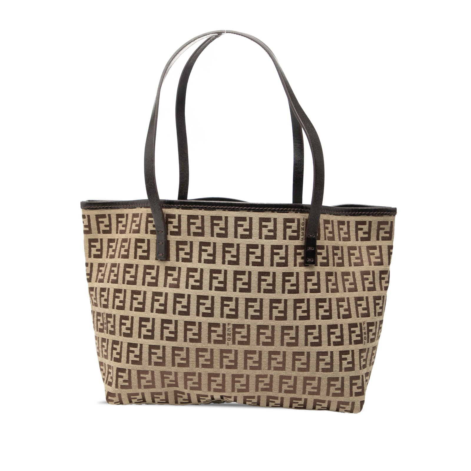 Fendi Mini Zucchino Beige Canvas Tote with Leather Trim and Pouch: Fendi Mini Zucchino Beige Canvas Tote with Leather Trim and Pouch This Fendi Mini Zucchino Canvas Roll Tote features a durable canvas body with leather trim, flat leather handles, and an open top for 