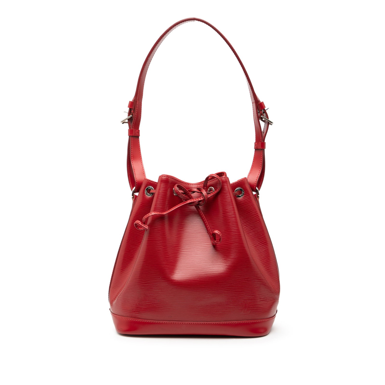 Red Epi Leather Petit Noe Shoulder Bag by Louis Vuitton: Red Epi Leather Petit Noe Shoulder Bag by Louis Vuitton This Louis Vuitton Epi Petit Noe bag features a red epi leather body, flat leather shoulder straps, and a drawstring closure. The bag shows visi
