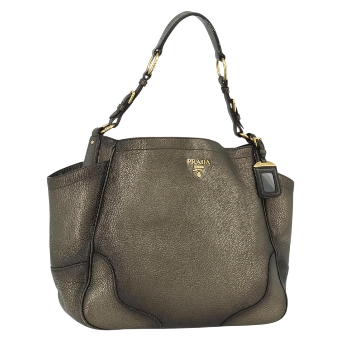 Prada gold leather shoulder bag with name tag: Prada gold leather shoulder bag with name tag This PRADA shoulder bag is crafted from gold leather and designed for women. It features a spacious main compartment with approximate dimensions of 15.0 i
