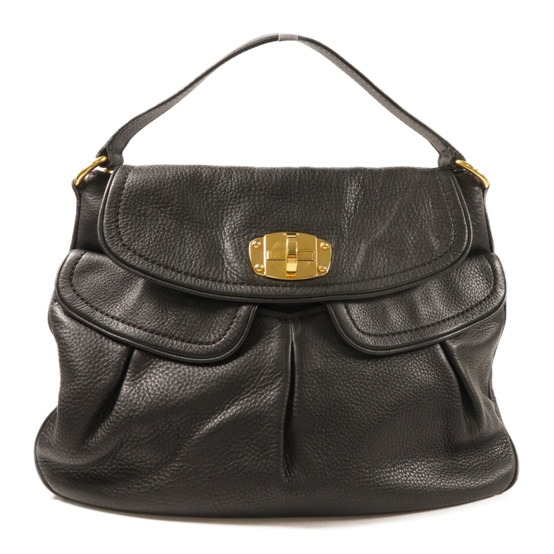 Black Calfskin Miu Miu Shoulder Bag with Gold Tone Hardware: Black Calfskin Miu Miu Shoulder Bag with Gold Tone Hardware This Miu Miu shoulder bag is crafted from black calfskin leather and features gold-tone hardware. Designed for women, it offers a sleek and 