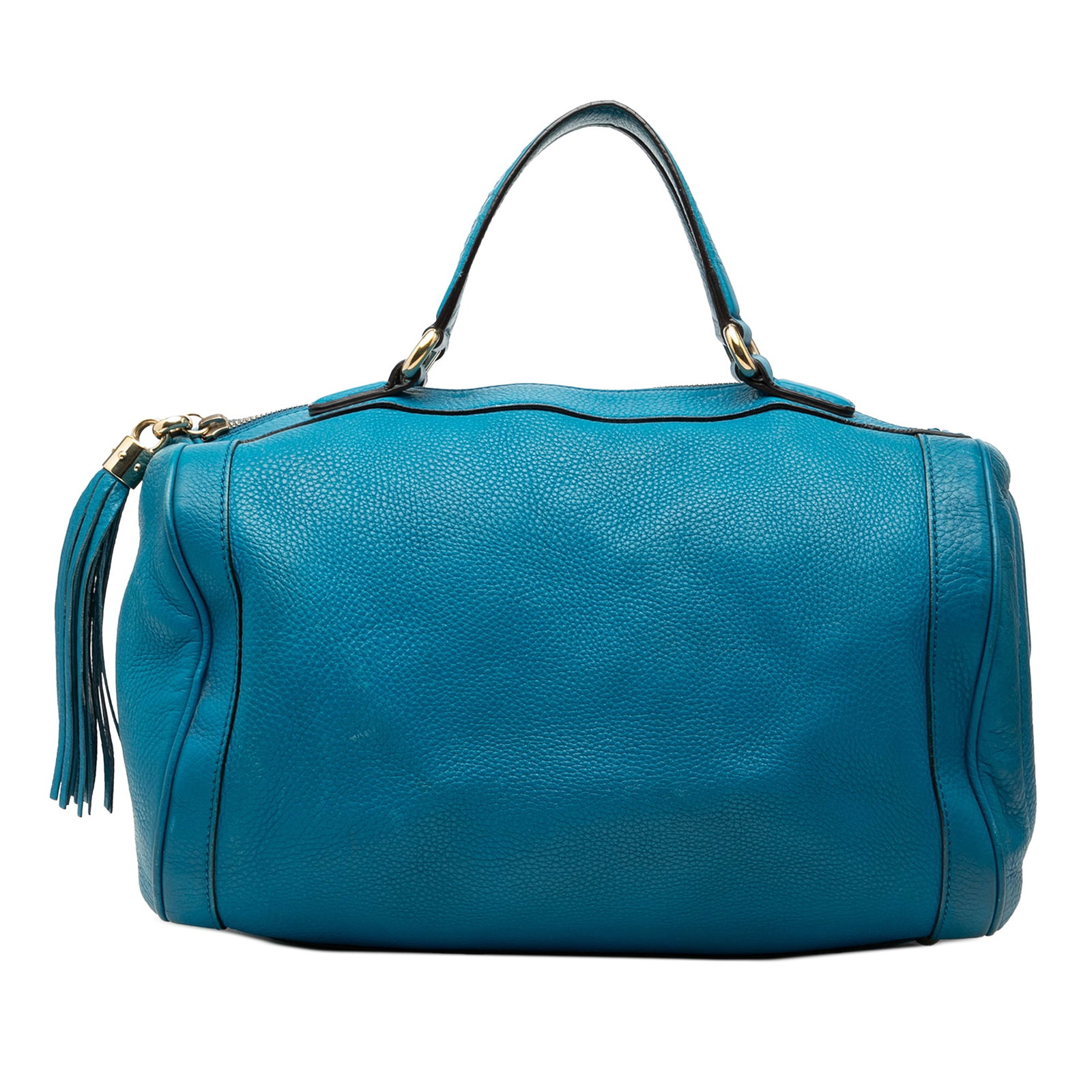 Gucci Soho Boston Blue Pebbled Calfskin Medium Leather Handbag: Gucci Soho Boston Blue Pebbled Calfskin Medium Leather Handbag This Gucci Medium Pebbled Calfskin Soho Boston Bag features a blue leather body, flat leather handles, a top zip closure with tassel deta