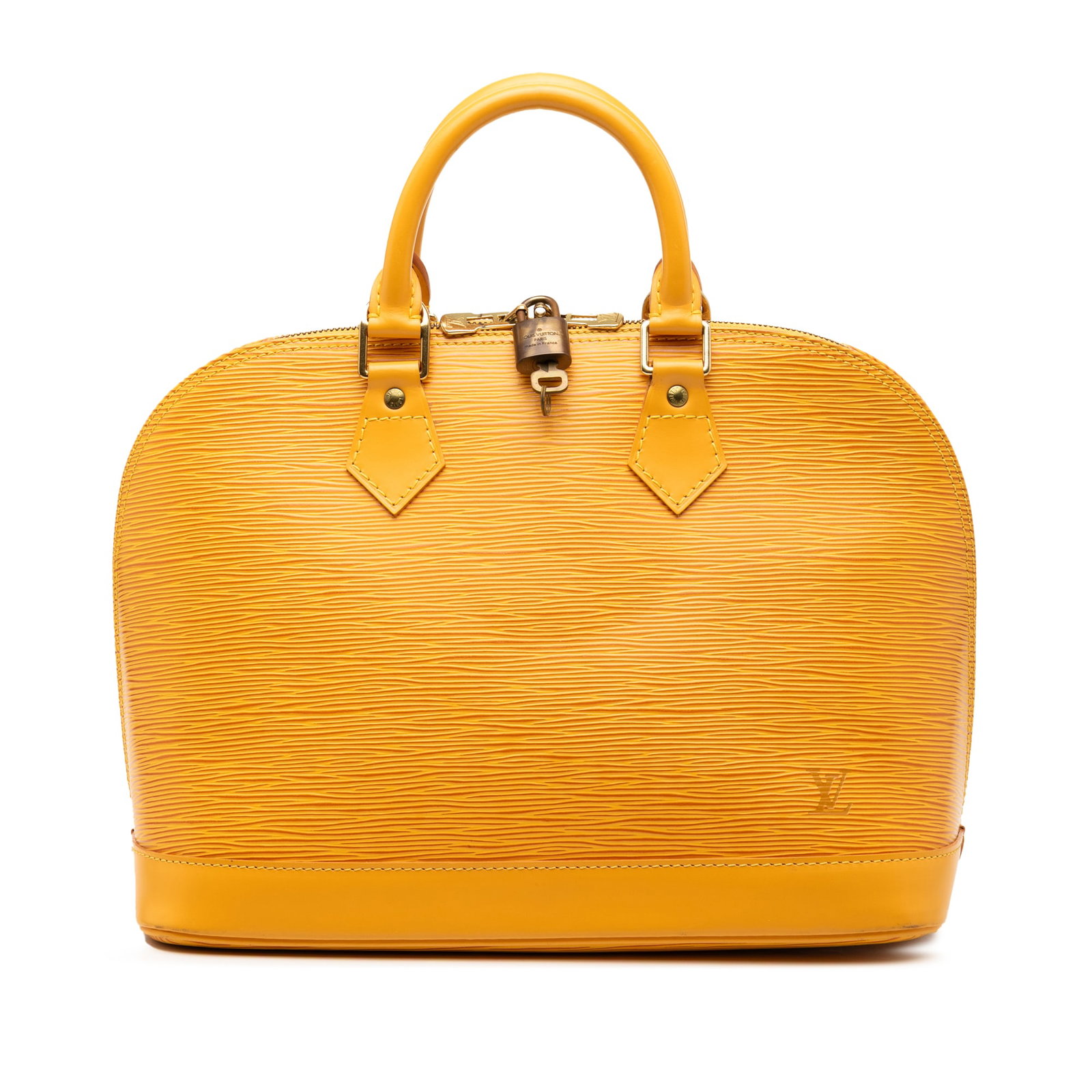Louis Vuitton Alma PM Yellow Epi Leather Handbag with Top Zip: Louis Vuitton Alma PM Yellow Epi Leather Handbag with Top Zip This Louis Vuitton Epi Alma PM handbag features a structured epi leather body in yellow, rolled leather handles, a top zip closure, and an