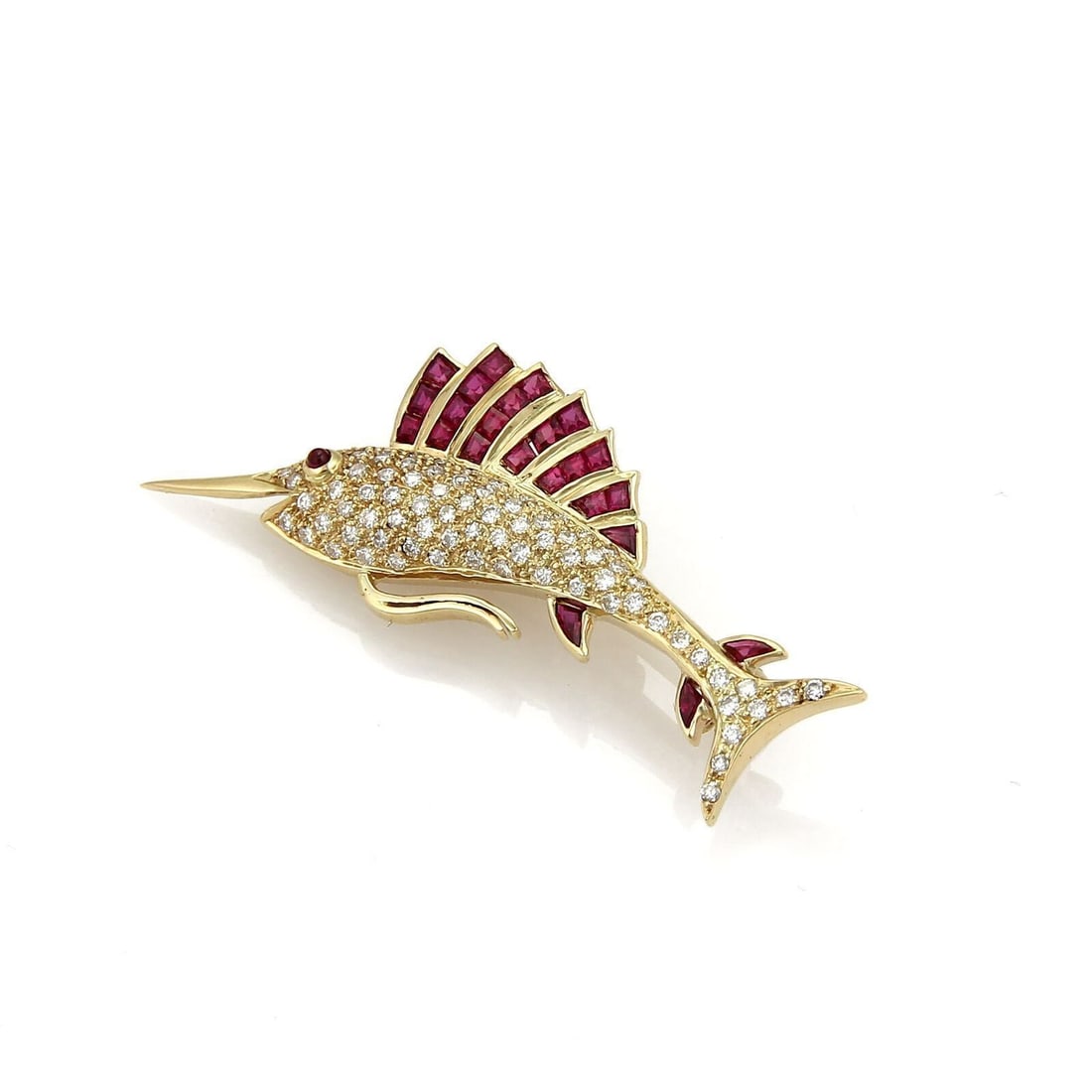 Vintage 14k Yellow Gold Swordfish Brooch with Diamonds and Rubies: Vintage 14k Yellow Gold Swordfish Brooch with Diamonds and Rubies This vintage swordfish brooch is crafted from 14k yellow gold and features a detailed design set with 0.75 carats of diamonds and a to