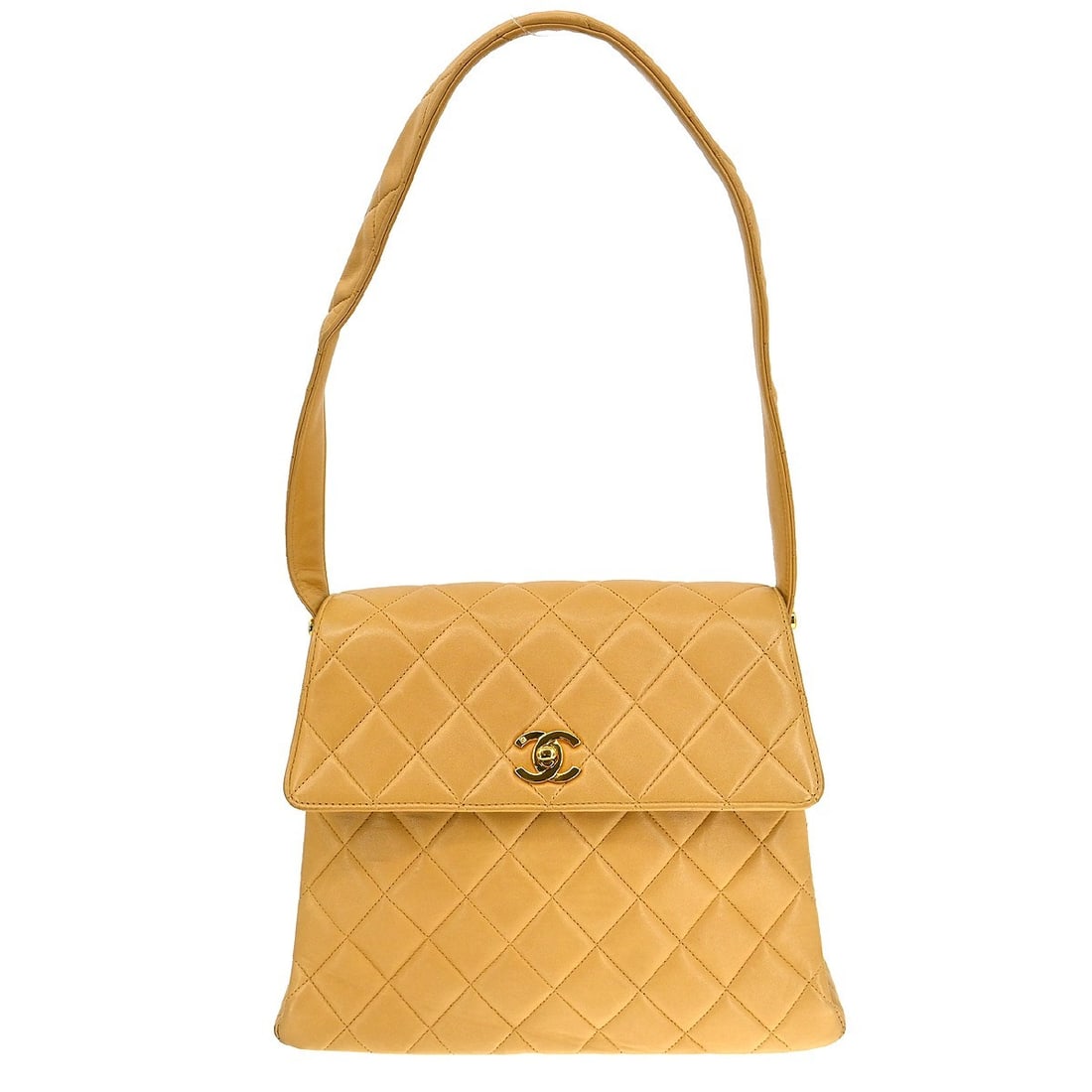 Beige Quilted Lambskin Vintage CC Square Flap Shoulder Bag by Chanel: Beige Quilted Lambskin Vintage CC Square Flap Shoulder Bag by Chanel This Chanel Vintage CC Square Flap Shoulder Bag is crafted from quilted lambskin leather in beige. Designed for women, it features 
