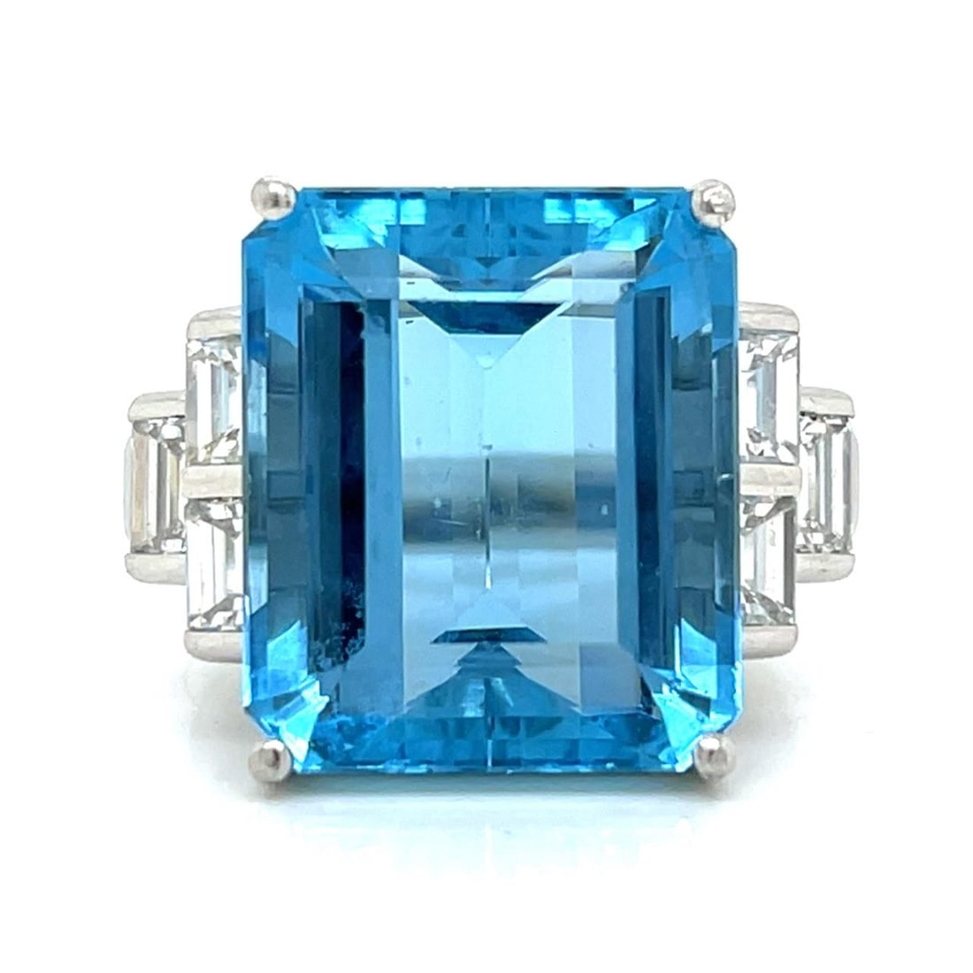 Platinum Santa Maria Aquamarine 22.14 Ct Diamond Ring 2.07 Ct: Platinum Santa Maria Aquamarine 22.14 Ct Diamond Ring 2.07 Ct This exquisite Platinum ring features a stunning 22.14 Ct. Santa Maria Aquamarine, renowned for its very strong blue color. The ring is fu