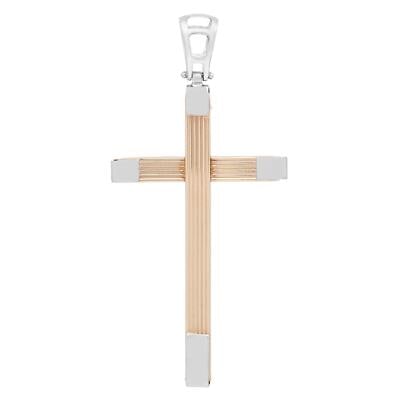 Rachel Koen 14K Two Tone Ribbed Cross Pendant: Rachel Koen 14K Two Tone Ribbed Cross Pendant This elegant cross pendant is crafted from lustrous 14K yellow and white gold, featuring a multi-striped textured design with white gold edges. Its minima