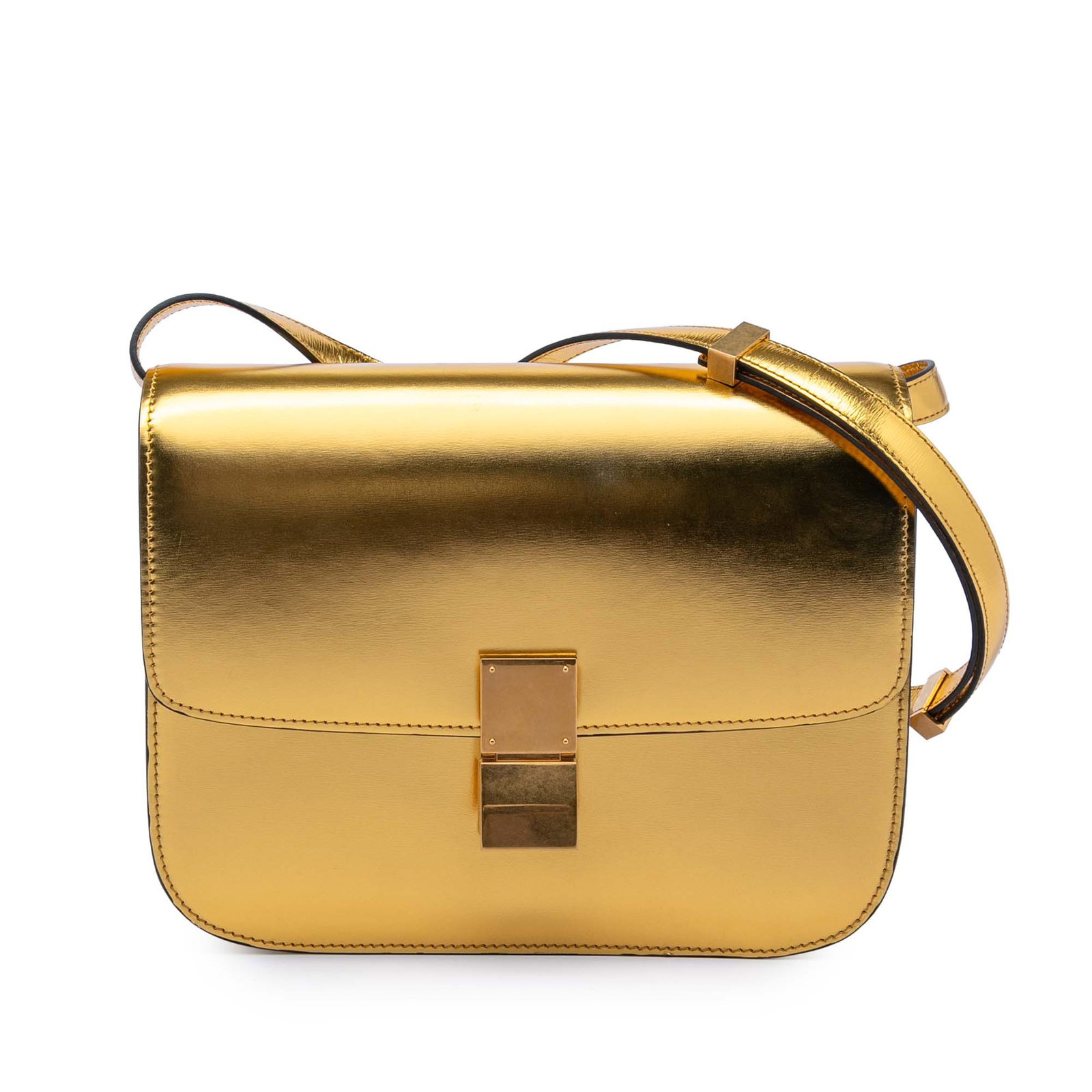 Celine Classic Box Medium Leather Crossbody Bag Gold Tone: Celine Classic Box Medium Leather Crossbody Bag Gold Tone This Celine Medium Calfskin Classic Box crossbody bag features a leather body, a flat leather strap, a front flap with a push lock closure, an