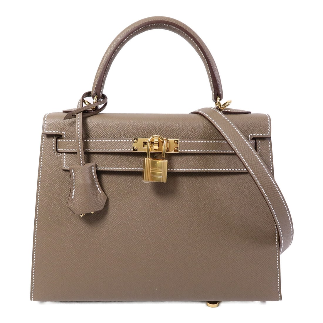 Hermes Kelly 25 Etoupe Epsom Leather 2 Way Shoulder Bag GHW: Hermes Kelly 25 Etoupe Epsom Leather 2 Way Shoulder Bag GHW This Hermes Kelly 25 2-way shoulder bag is crafted from premium Epsom calfskin leather in a sophisticated brown (Etoupe) shade. The versatil