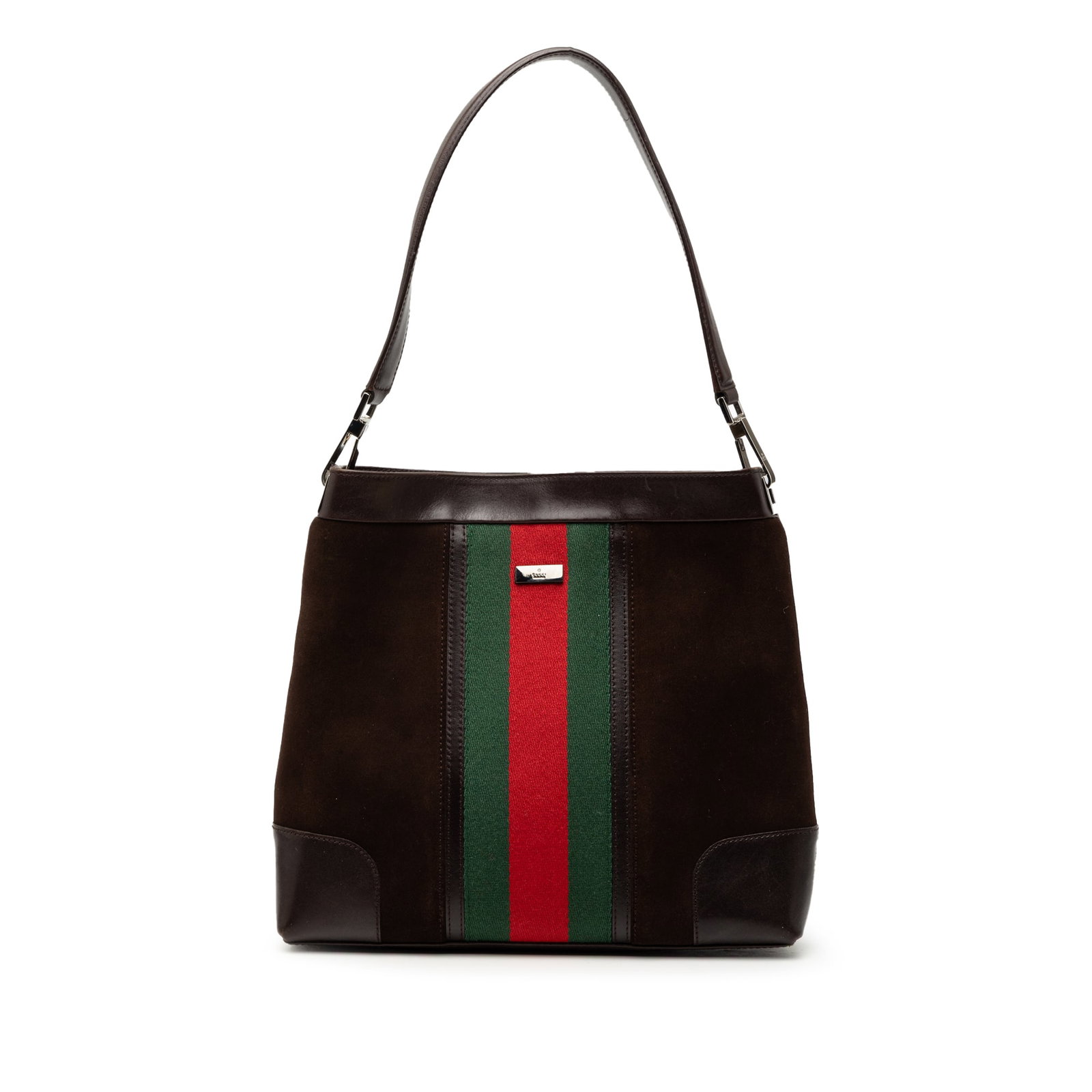 Brown Gucci Suede Web Shoulder Bag with Leather Trim and Magnetic Closure: Brown Gucci Suede Web Shoulder Bag with Leather Trim and Magnetic Closure This Gucci Suede Web Shoulder Bag features a suede exterior with leather trim and a flat leather strap. The bag is designed wi