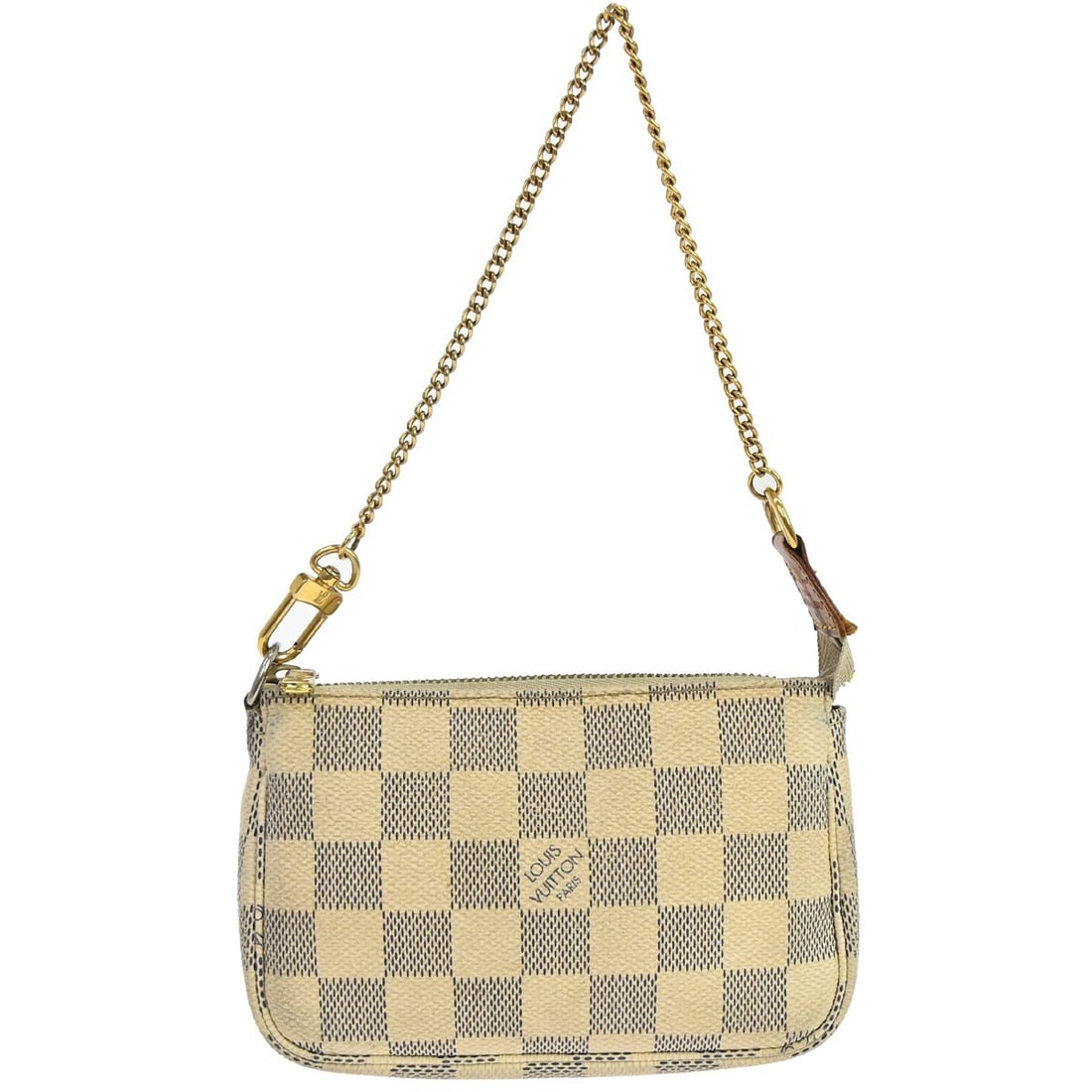 Louis Vuitton Mini Pochette Accessoires Damier Azur Canvas Handbag with Chain Strap: Louis Vuitton Mini Pochette Accessoires Damier Azur Canvas Handbag with Chain Strap This Louis Vuitton Mini Pochette Accessoires handbag features the iconic Damier Azur canvas pattern with logo accent