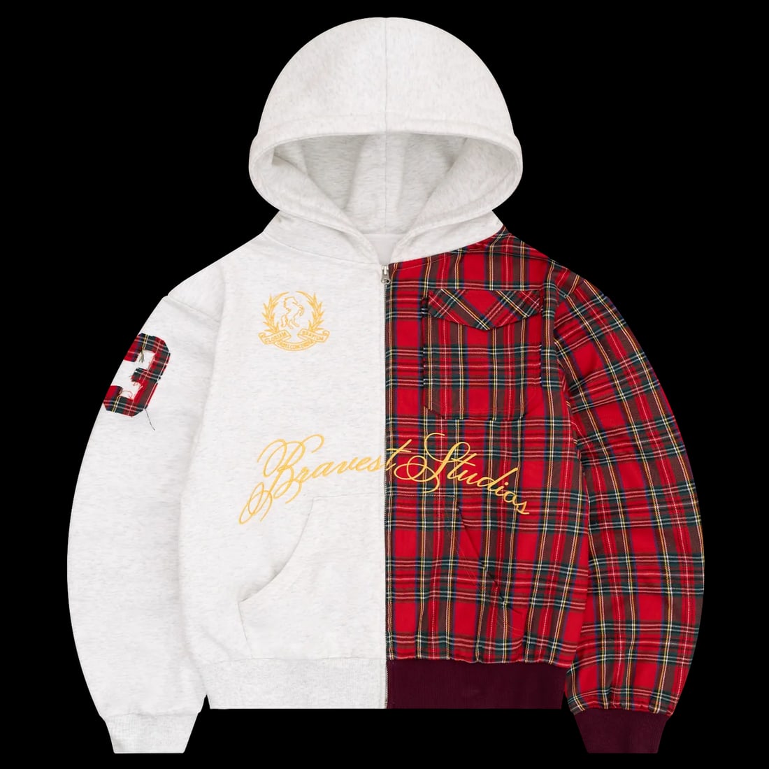 Half Plaid Zip Hoodie by Bravest Studios Large Size: Half Plaid Zip Hoodie by Bravest Studios Large Size The Bravest Studios Half Plaid Zip Up Hoodie features a bold half-plaid design combining streetwear style with everyday comfort. Made from premium m
