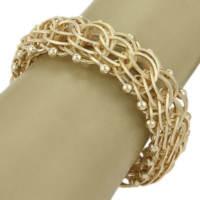 14k Yellow Gold Wide Link Charm Bracelet with Multiple Rings: 14k Yellow Gold Wide Link Charm Bracelet with Multiple Rings This vintage charm bracelet is crafted from solid 14k yellow gold and showcases a bold, wide chain design accented with multiple rings and 