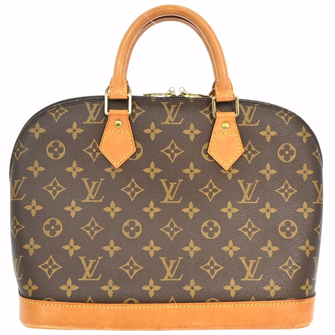 Louis Vuitton Alma Monogram Canvas Medium Brown Handbag M51130: Louis Vuitton Alma Monogram Canvas Medium Brown Handbag M51130 This Louis Vuitton Alma handbag features the iconic monogram canvas exterior with beige double handles and a zip closure. The medium-size
