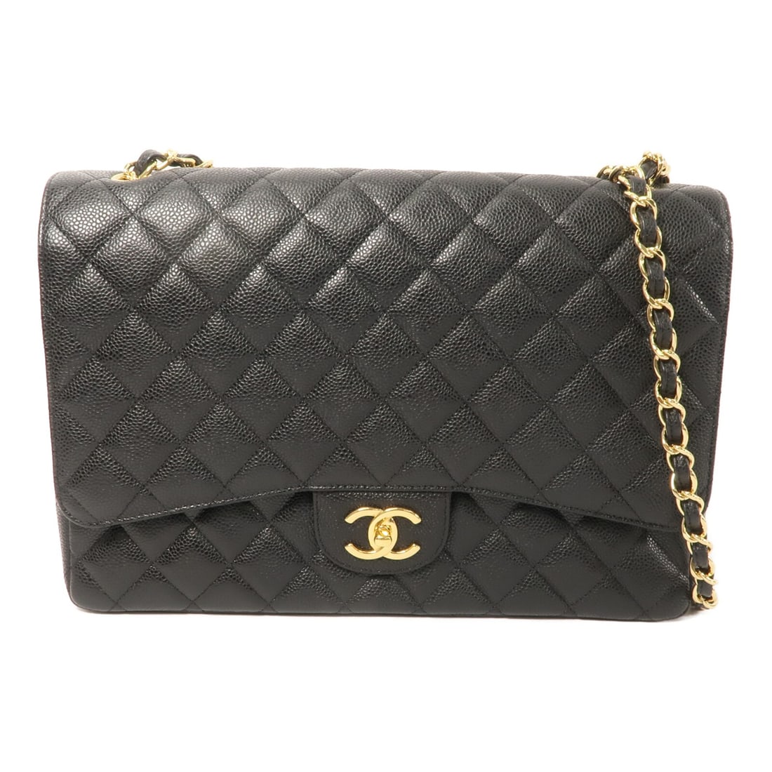 CHANEL Maxi Classic Chain Shoulder Bag Black Calfskin GHW A58601: CHANEL Maxi Classic Chain Shoulder Bag Black Calfskin GHW A58601 This CHANEL Maxi Classic Chain Shoulder Bag features a black calfskin leather exterior and gold-tone hardware. Designed for women, it o