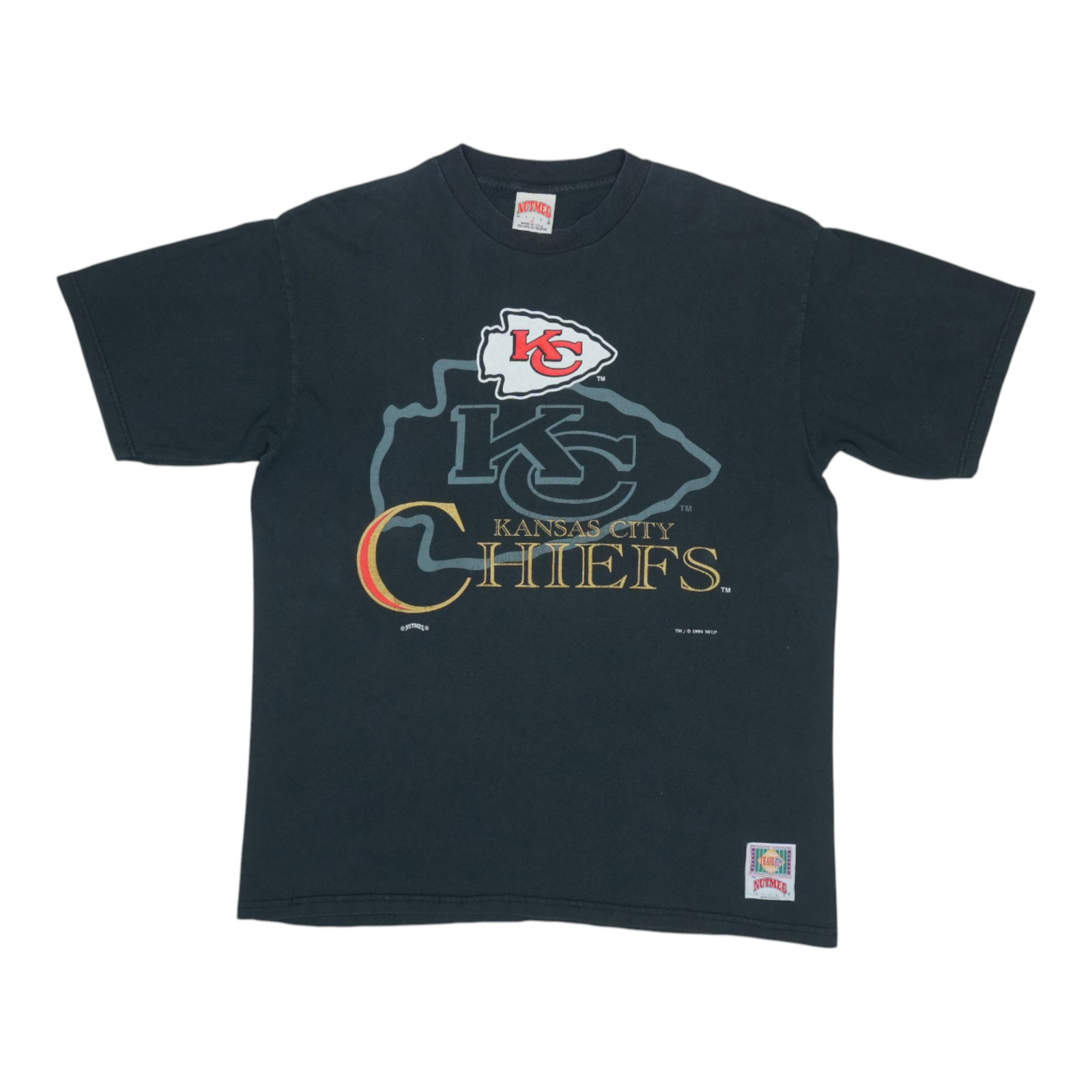 Vintage 1994 Kansas City Chiefs Black Cotton T-Shirt Extra Large: Vintage 1994 Kansas City Chiefs Black Cotton T-Shirt Extra Large This is an original vintage 1994 Kansas City Chiefs shirt, not a modern reproduction. Made from 100% cotton, it features black fabric a