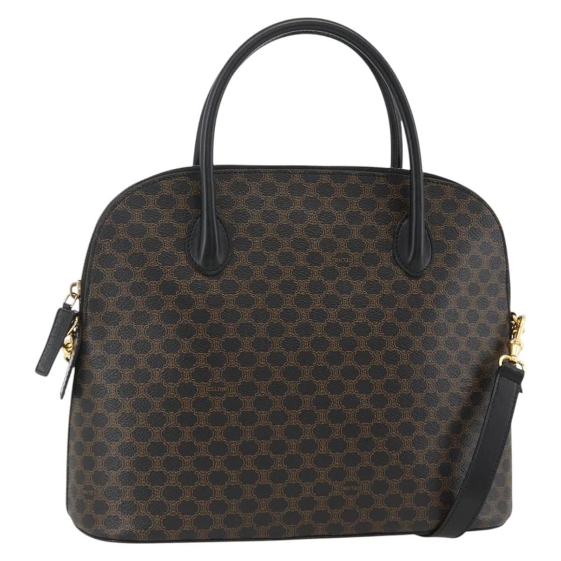 Celine Macadam Black PVC Leather Shoulder and Handbag with Gold Hardware: Celine Macadam Black PVC Leather Shoulder and Handbag with Gold Hardware This CELINE Macadam handbag features a black and gold PVC leather and canvas exterior, designed for versatile 2-way use as both
