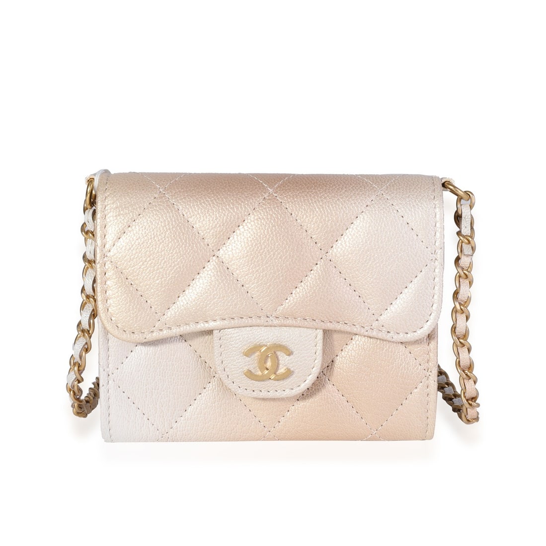 Chanel Classic Mini Clutch Metallic Ombre Goatskin Crossbody Bag with Chain: Chanel Classic Mini Clutch Metallic Ombre Goatskin Crossbody Bag with Chain This Chanel Classic Mini Clutch with Chain showcases a gold metallic ombre quilted goatskin leather exterior. Designed in a 