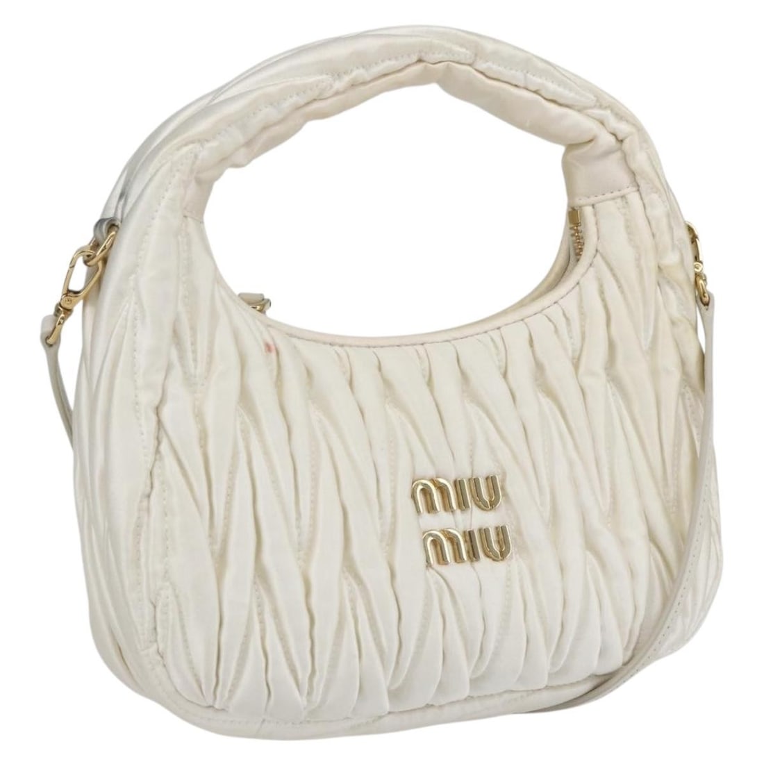 Miu Miu Matelasse Satin Hand Bag White Gold Authentic 158666SAM: Miu Miu Matelasse Satin Hand Bag White Gold Authentic 158666SAM The Miu Miu Matelasse Hand Bag is a stunning accessory that perfectly blends elegance and functionality. Crafted in Italy, this luxuriou