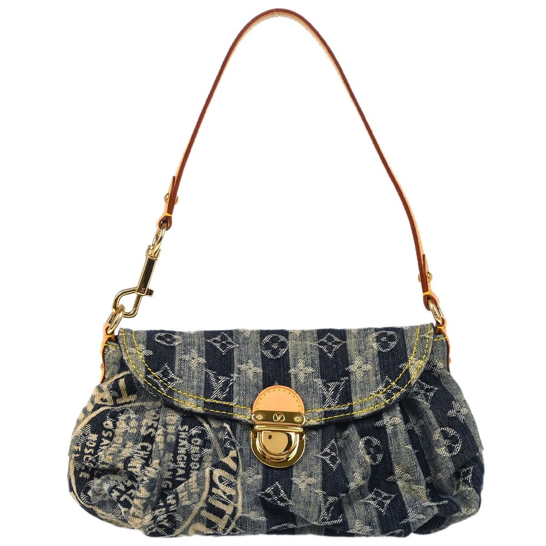 Louis Vuitton Blue Mini Pleaty Raye Handbag Monogram Denim M95333: Louis Vuitton Blue Mini Pleaty Raye Handbag Monogram Denim M95333 This stylish Louis Vuitton Mini Pleaty Raye Handbag features a unique blue monogram denim canvas exterior, complemented by leather acc