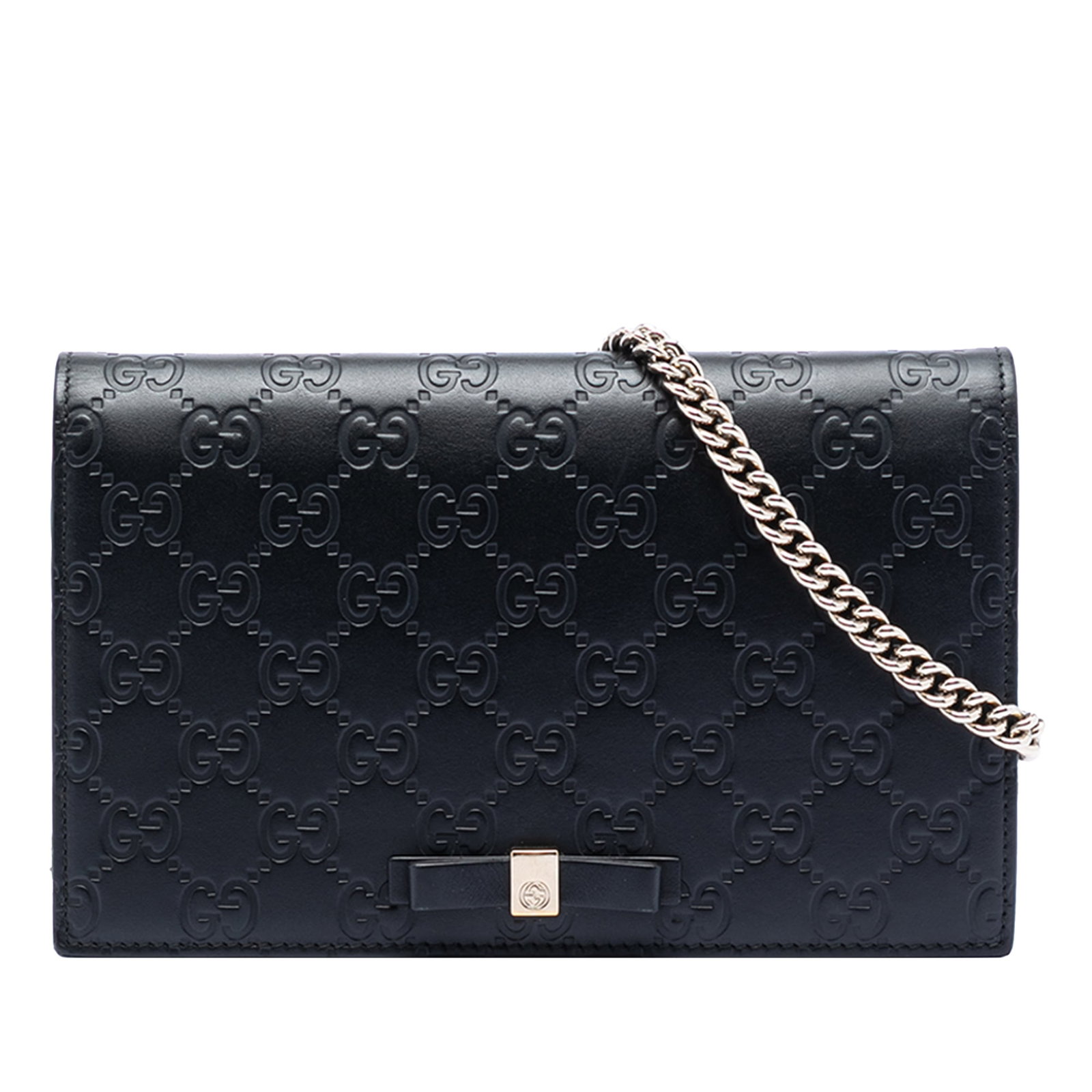 Gucci Mini Guccissima Leather Chain Wallet With Bow Detail: Gucci Mini Guccissima Leather Chain Wallet With Bow Detail This Gucci Mini Guccissima Bow Signature Wallet on Chain features an embossed leather exterior in black, a chain link shoulder strap, a flap 