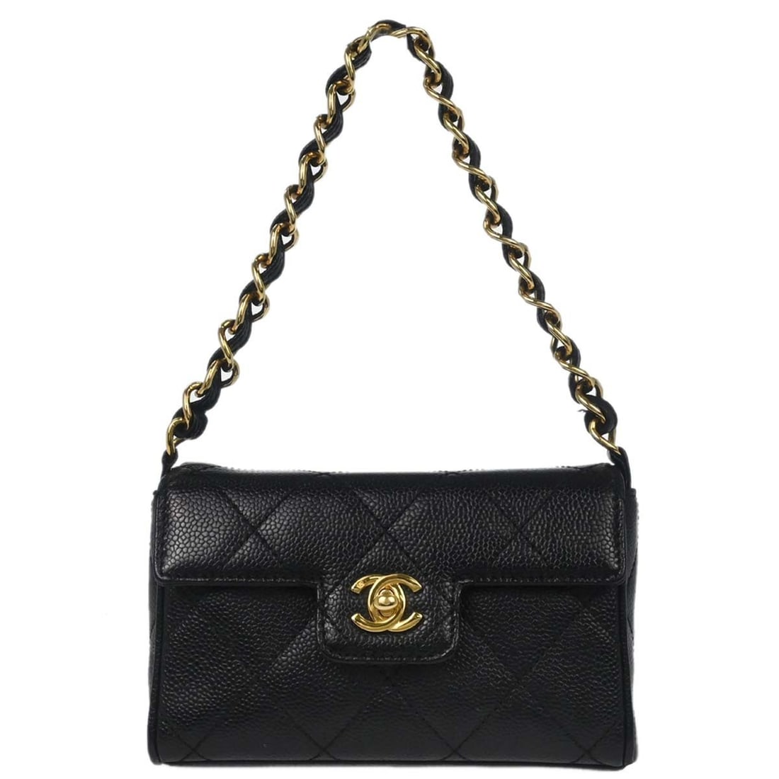 Small Caviar Leather Top Handle Satchel by Chanel in Black: Small Caviar Leather Top Handle Satchel by Chanel in Black This Chanel handbag is crafted from durable black caviar skin leather and features a top handle design with a turn lock closure. Designed in 