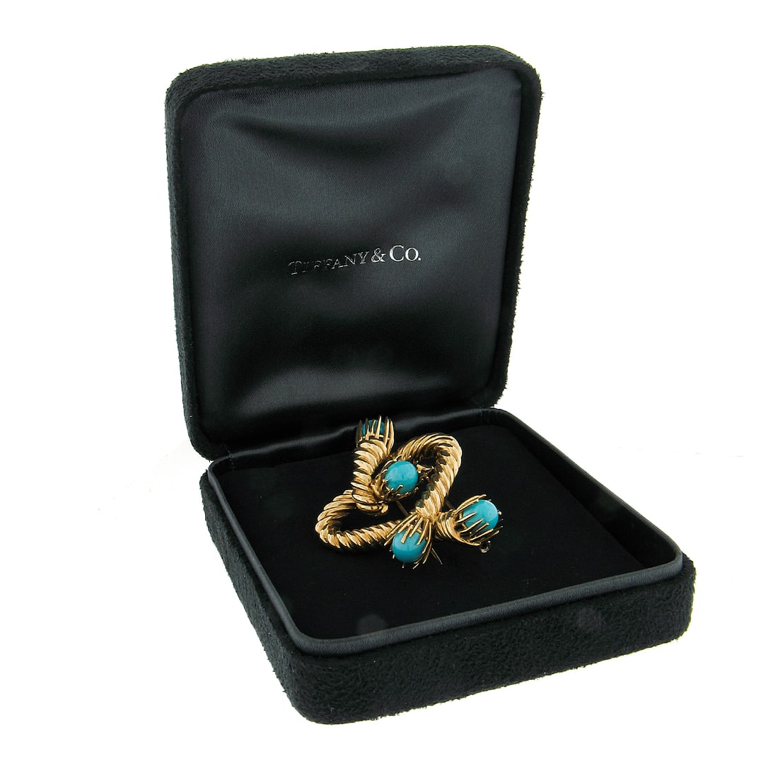 Tiffany & Co. Schlumberger 18k Gold Turquoise Heart Brooch with Box: Tiffany & Co. Schlumberger 18k Gold Turquoise Heart Brooch with Box This exquisite Tiffany & Co. Schlumberger brooch pin is crafted from solid 18k yellow gold and features a stunning design with four 