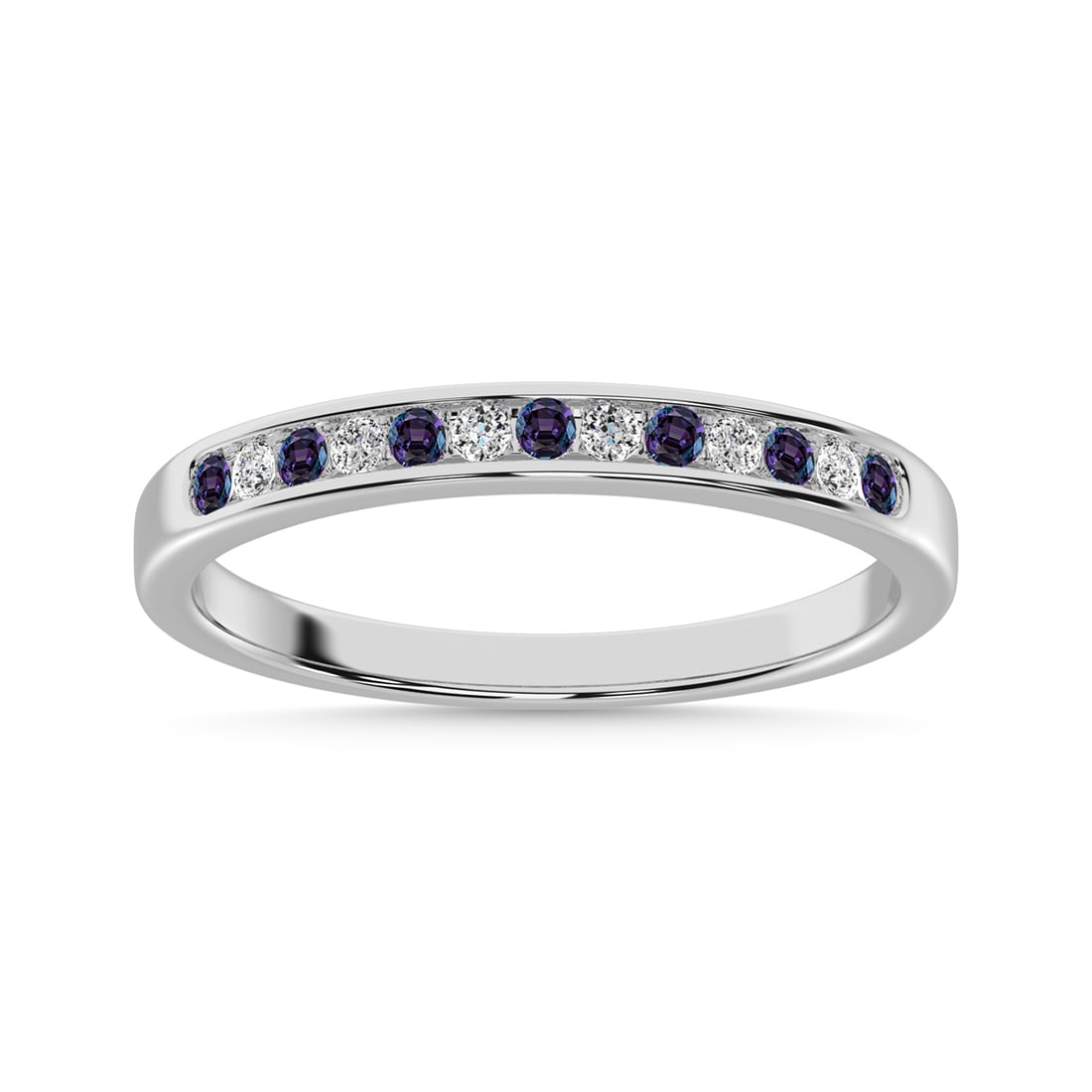 Synthetic Alexandrite and Alternate Diamond 1/5 Ct.Tw. Ladies Machine Band in 14K White Gold: Synthetic Alexandrite and Alternate Diamond 1/5 Ct.Tw. Ladies Machine Band in 14K White Gold 14k White Gold Stone Color: G-h Stone Clarity: Si2 Each ring is presented in standard size 6.5. Complimenta