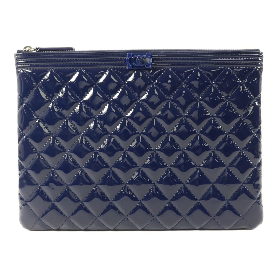 Navy Patent Leather Pouch by CHANEL with Silver Tone CC Logo: Navy Patent Leather Pouch by CHANEL with Silver Tone CC Logo This CHANEL pouch is crafted from navy patent leather and features silver-tone hardware. Designed for women, it offers a sleek and stylish 