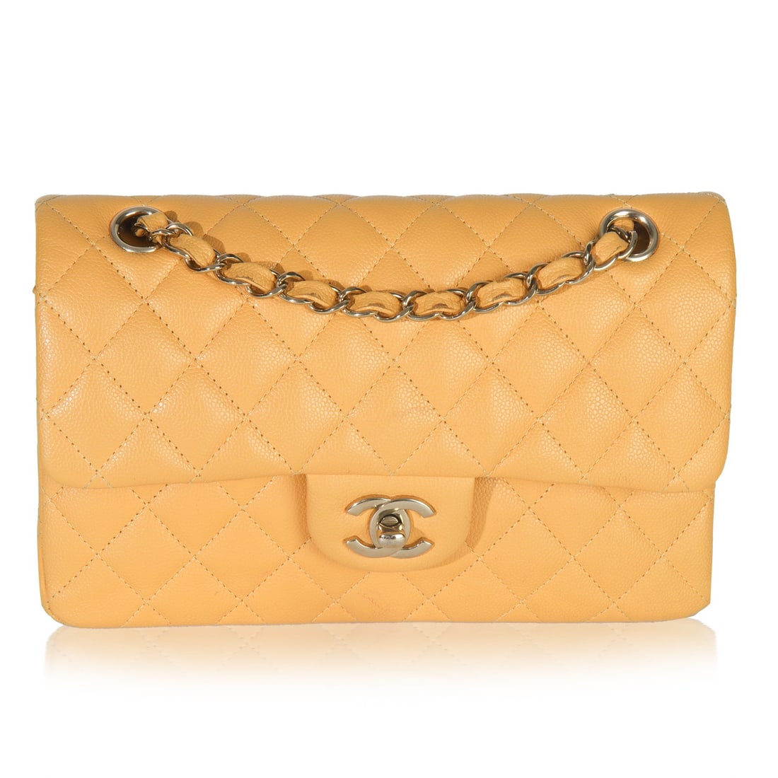 Chanel Small Classic Double Flap Yellow Caviar Leather Shoulder Bag: Chanel Small Classic Double Flap Yellow Caviar Leather Shoulder Bag This Chanel Small Classic Double Flap Handbag features yellow caviar quilted leather and gold-tone hardware. The bag has a turnlock 