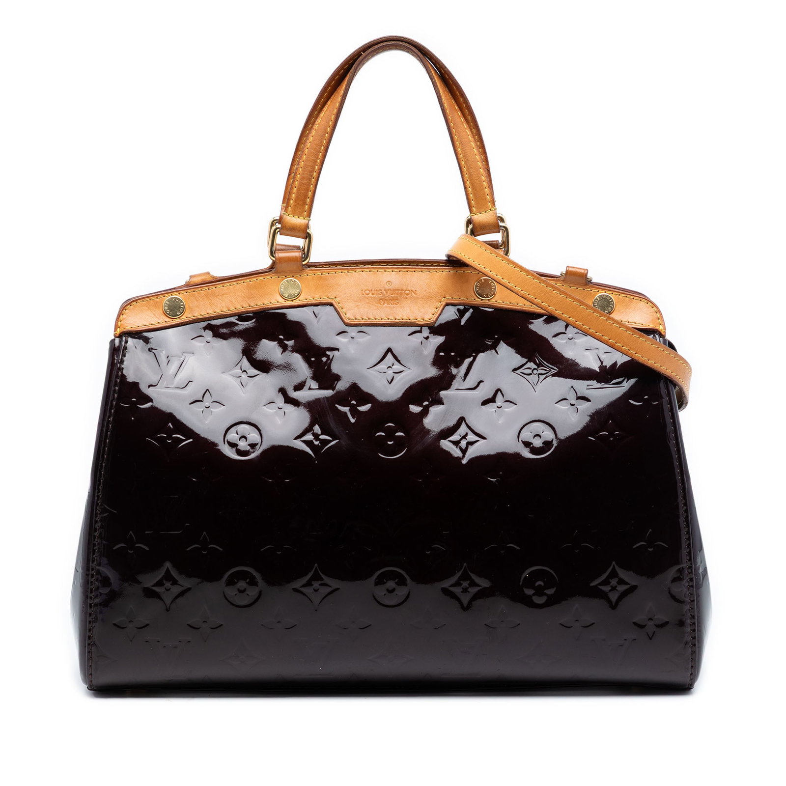 Louis Vuitton Brea MM Purple Vernis Leather Satchel with Vachetta Trim: Louis Vuitton Brea MM Purple Vernis Leather Satchel with Vachetta Trim This Louis Vuitton Monogram Vernis Brea MM bag features a vernis leather body with vachetta leather trim, flat vachetta leather h