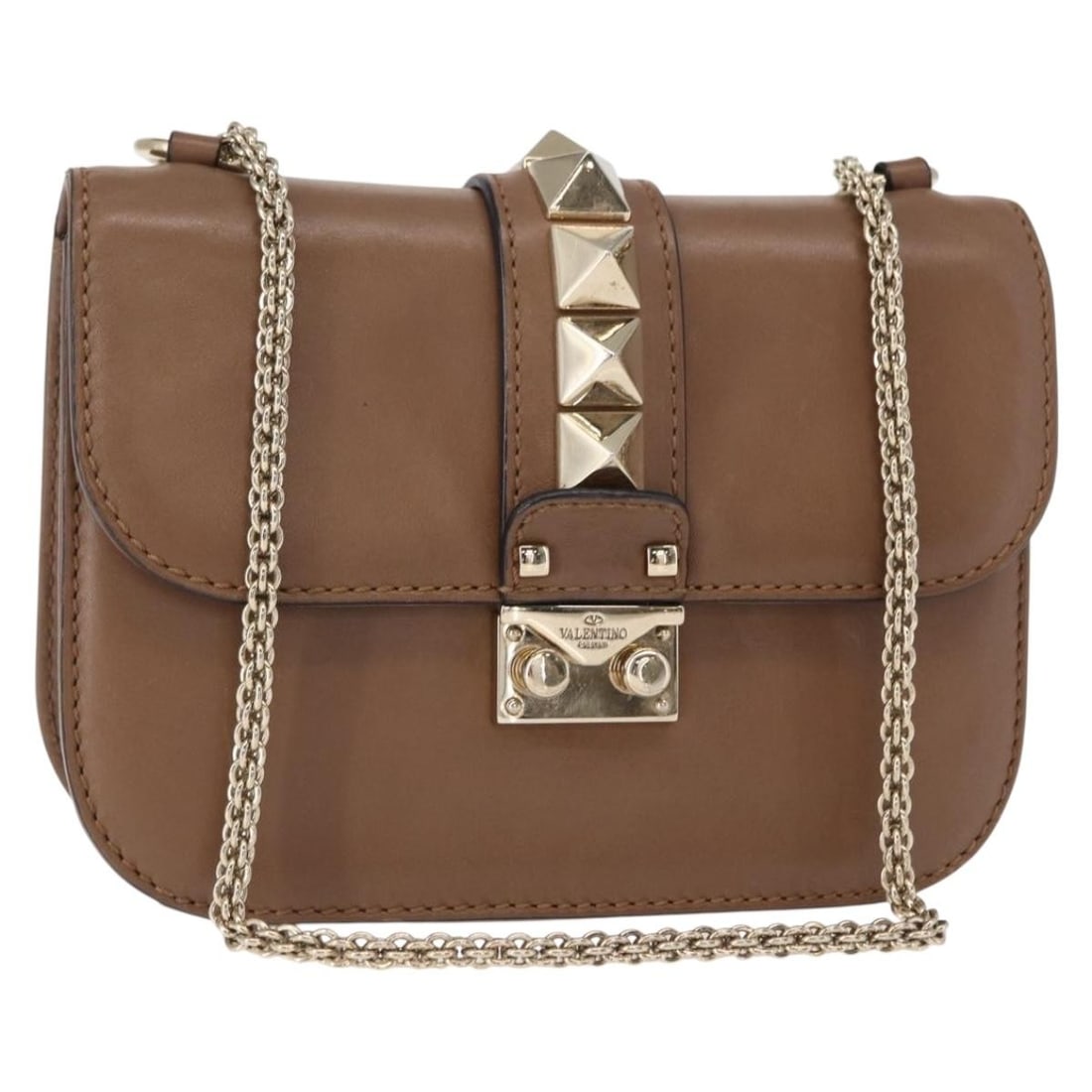 Valentino Garavani Leather Rolling Rockstud Glam Lock Brown Shoulder Bag: Valentino Garavani Leather Rolling Rockstud Glam Lock Brown Shoulder Bag This Valentino Garavani Rolling Rockstud Glam Lock Shoulder Bag is crafted from brown leather and features signature Rockstud d