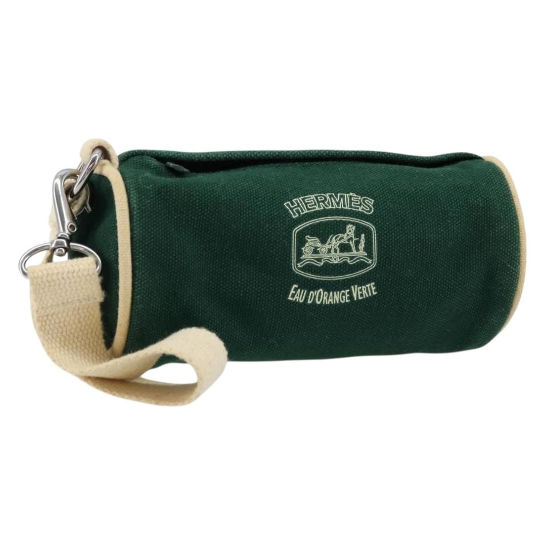 Hermes Green Silver Canvas Pouch Eau d'Orange Verte: Hermes Green Silver Canvas Pouch Eau d'Orange Verte This is a Hermes Eau d'Orange Verte pouch crafted from green and silver canvas. Designed for women, this compact pouch features a simple, versatile 
