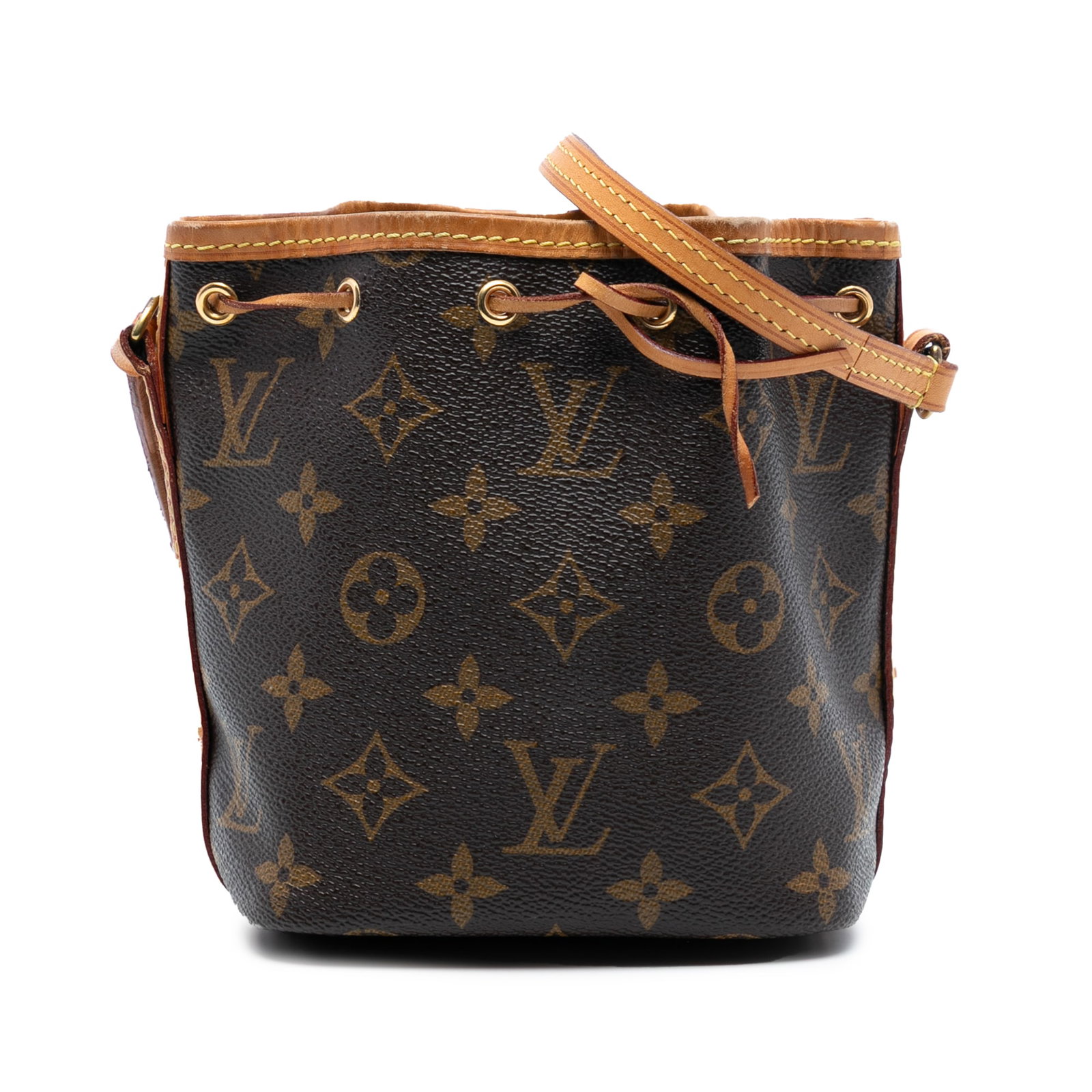Louis Vuitton Nano Noe Monogram Canvas Mini Shoulder Bag Brown: Louis Vuitton Nano Noe Monogram Canvas Mini Shoulder Bag Brown This Louis Vuitton Monogram Nano Noe bag features a monogram canvas body with vachetta leather trim, a flat vachetta leather strap, and a