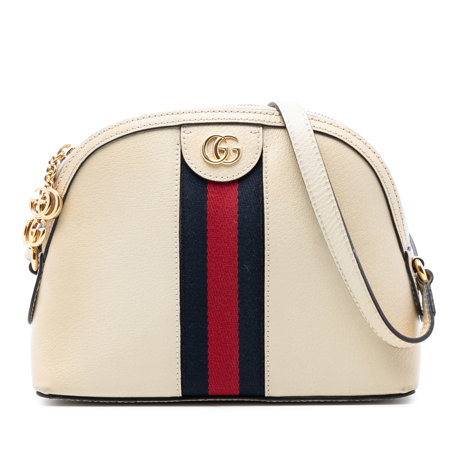 Gucci Ophidia Small White Leather Dome Crossbody Bag with Web Detail: Gucci Ophidia Small White Leather Dome Crossbody Bag with Web Detail This Gucci Small Calfskin Ophidia Dome Crossbody bag features a white leather body with signature web detail, an adjustable flat le