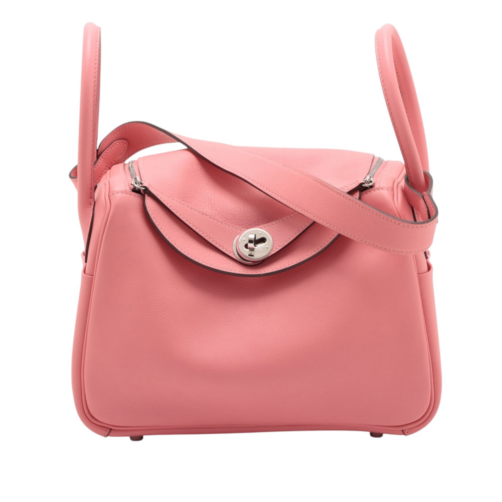 Rose Azalee Evercolor Leather Lindy 26 Top Handle Bag by Hermes: Rose Azalee Evercolor Leather Lindy 26 Top Handle Bag by Hermes The Hermes Evercolor Lindy 26 is crafted from Evercolor leather in Rose Azalee, a distinctive pink shade. It features rolled handles, a 