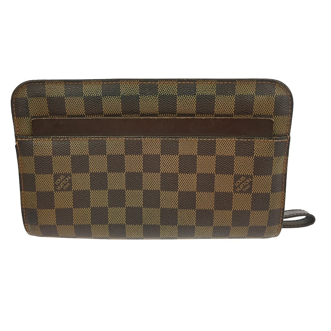 Louis Vuitton Orsay Damier Ebene Small Brown Clutch Canvas Leather: Louis Vuitton Orsay Damier Ebene Small Brown Clutch Canvas Leather This Louis Vuitton Damier Ebene Orsay clutch is crafted from canvas leather in a classic brown checkered pattern. Featuring a zip clo