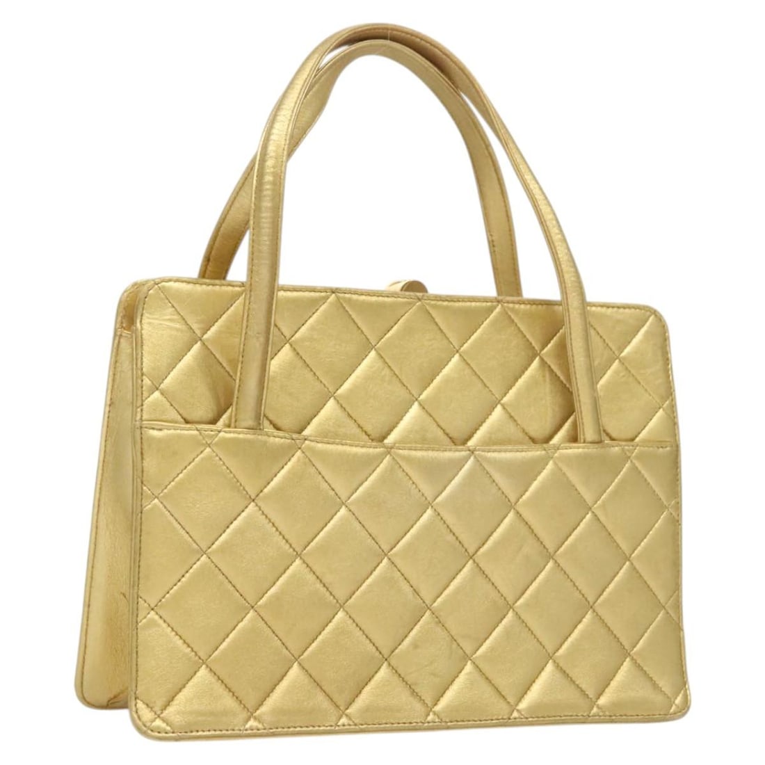 Gold Lambskin Matelasse Shoulder Bag by Chanel 25cm: Gold Lambskin Matelasse Shoulder Bag by Chanel 25cm This Chanel Matelasse Lambskin leather bag features a gold-colored leather exterior and is designed for women. It is crafted from high-quality leath