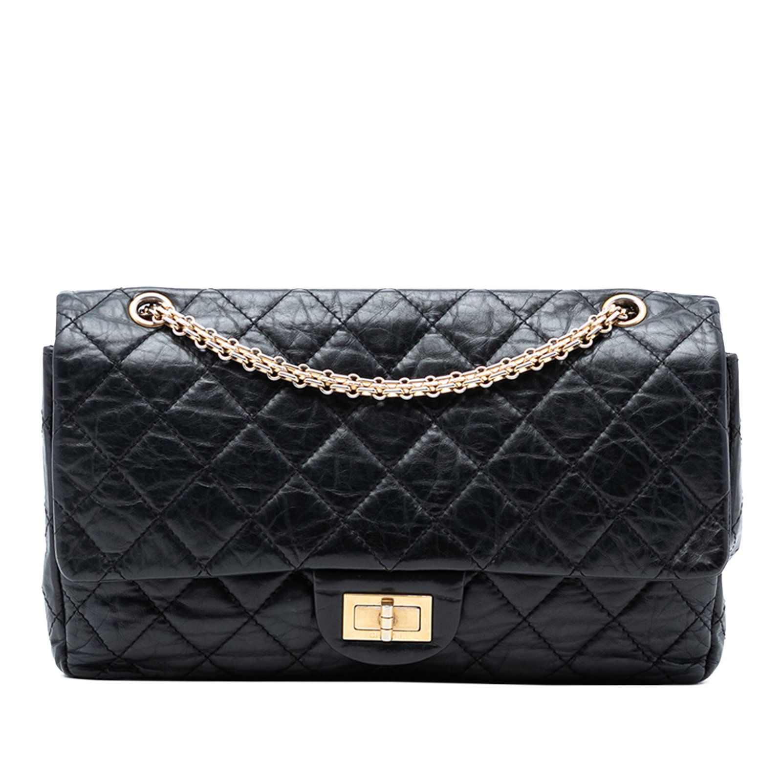 Chanel Reissue 2.55 227 Black Quilted Aged Calfskin Double Flap Shoulder Bag: Chanel Reissue 2.55 227 Black Quilted Aged Calfskin Double Flap Shoulder Bag This Chanel Quilted Aged Calfskin Reissue 2.55 Double Flap 227 shoulder bag is crafted in black aged calfskin leather with 