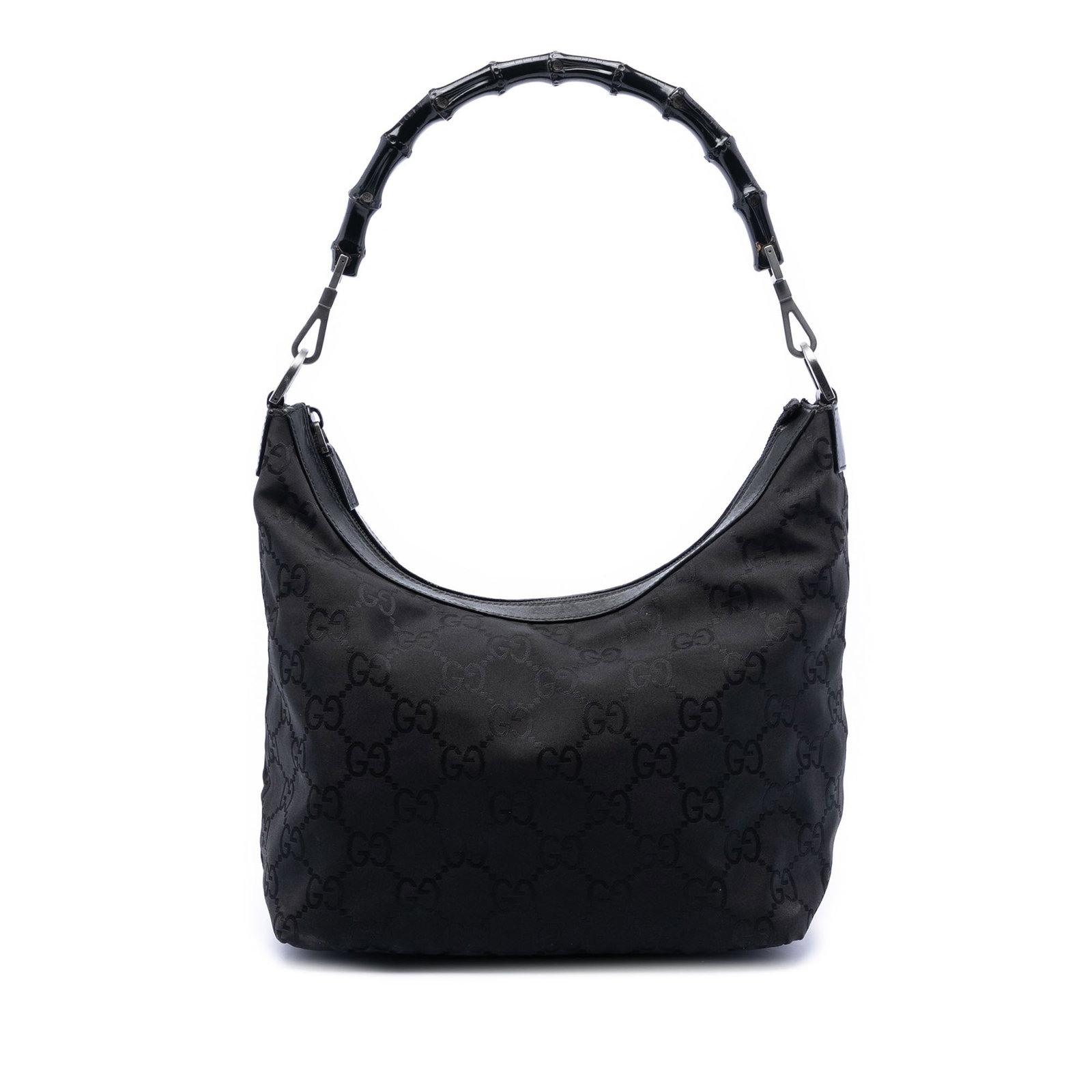 Black Bamboo Handle Shoulder Bag by Gucci GG Nylon: Black Bamboo Handle Shoulder Bag by Gucci GG Nylon This Gucci GG Nylon Bamboo Shoulder Bag features a black nylon body with leather trim, a distinctive bamboo handle, and a top zip closure. The interi