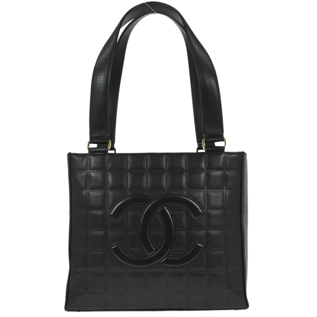 Choco Bar Medium Tote in Black Lambskin Leather by Chanel: Choco Bar Medium Tote in Black Lambskin Leather by Chanel This Chanel Choco Bar tote handbag features black lambskin leather and a medium-sized silhouette. The bag is designed with a structured tote s
