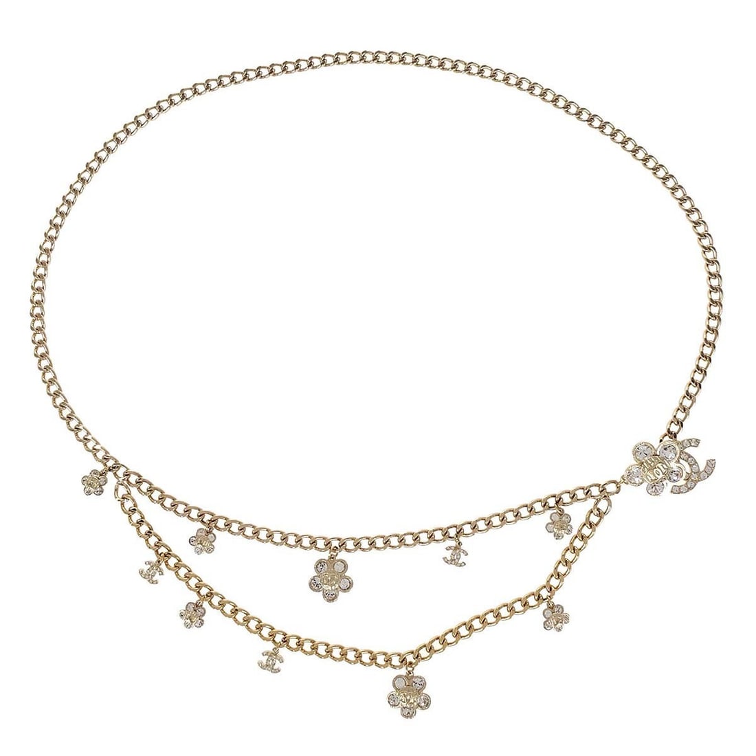 Chanel Gold Rhinestone CC Chain Waist Belt: Chanel Gold Rhinestone CC Chain Waist Belt This Chanel chain belt features a gold-tone finish and the iconic CC logo adorned with rhinestones. Designed for women, it offers a stylish accent to any out