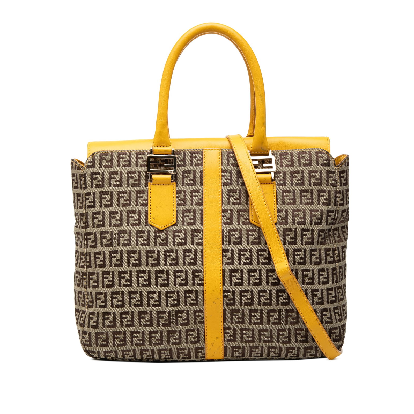 Beige Fendi Satchel with Zucchino Canvas and Leather Trim: Beige Fendi Satchel with Zucchino Canvas and Leather Trim This Fendi Zucchino Canvas Satchel features a beige canvas body with leather trim, rolled leather handles, and a detachable, adjustable flat l