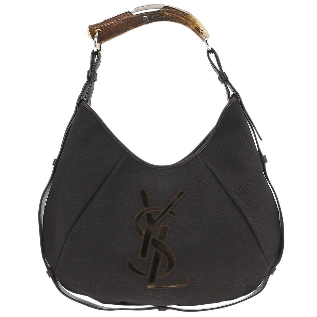 Saint Laurent Mombasa Medium Brown Canvas Leather Hobo Bag: Saint Laurent Mombasa Medium Brown Canvas Leather Hobo Bag This Yves Saint Laurent Mombasa medium hobo bag features a brown canvas and leather exterior accented by the iconic logo. Designed for casual