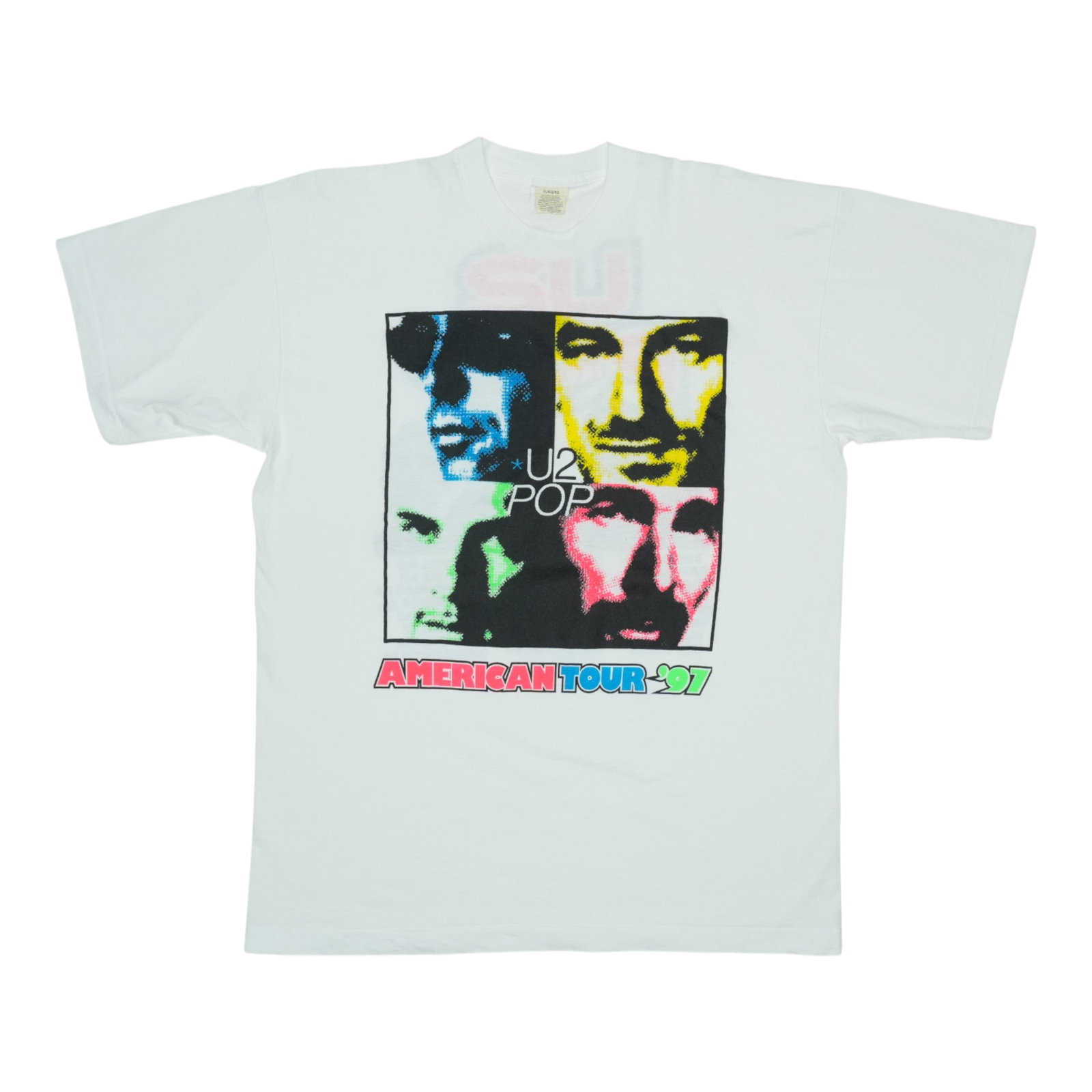 Vintage 1997 U2 Pop Tour White Cotton Band T-Shirt Extra Large: Vintage 1997 U2 Pop Tour White Cotton Band T-Shirt Extra Large This is an original vintage 1997 U2 Pop Tour shirt featuring front and back graphics. The shirt is made of 100% cotton in white and is in