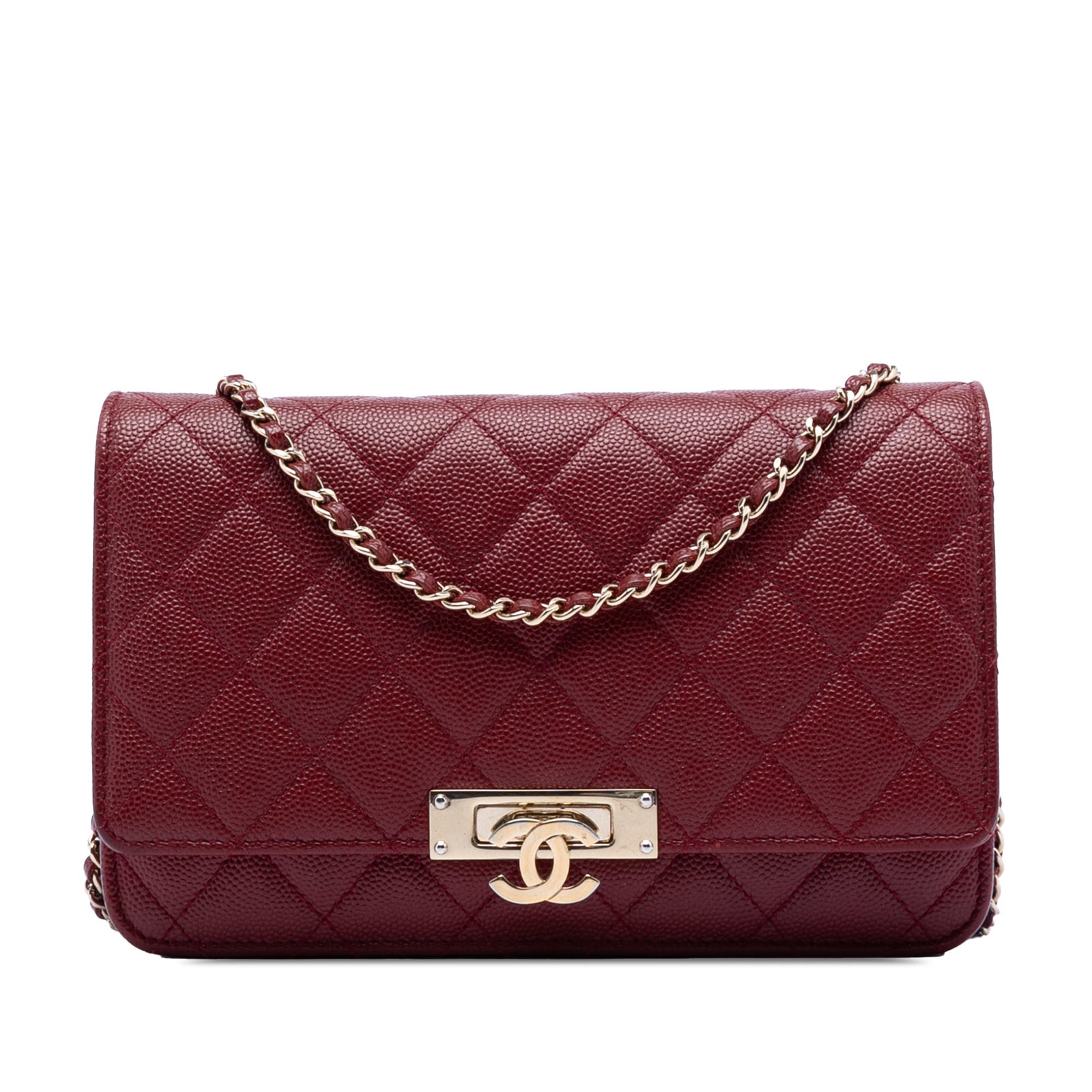 Chanel Golden Class Wallet on Chain in Quilted Caviar Leather Red: Chanel Golden Class Wallet on Chain in Quilted Caviar Leather Red This Chanel Golden Class Wallet On Chain features a quilted caviar leather body in red, a leather-woven chain shoulder strap, a flap w