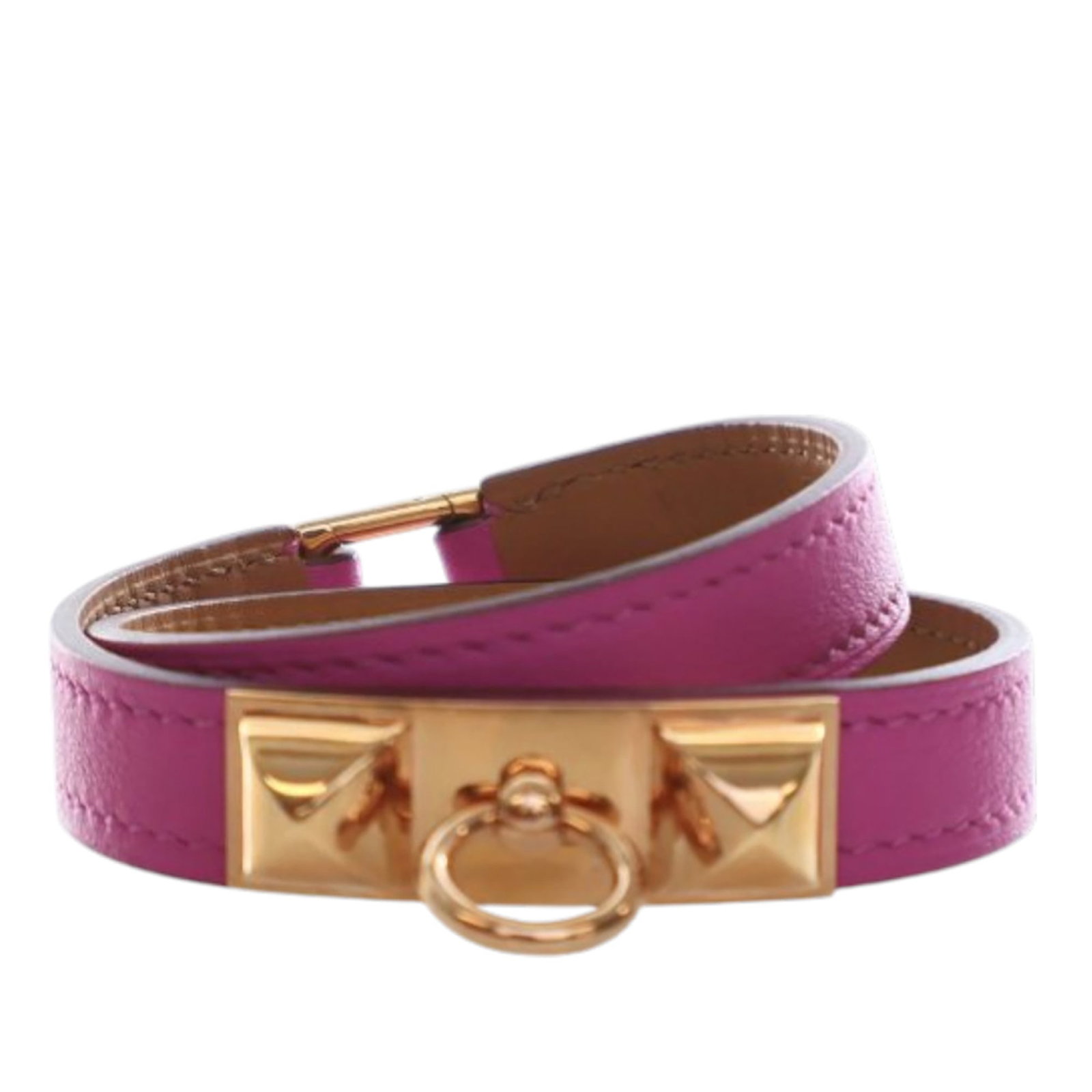 Hermes Magnolia Swift Leather Rivale Double Tour Bracelet Gold Tone T3: Hermes Magnolia Swift Leather Rivale Double Tour Bracelet Gold Tone T3 This Hermes Swift Rivale Double Tour Bracelet T3 showcases a Magnolia-colored Swift leather body complemented by gold-tone hardwa