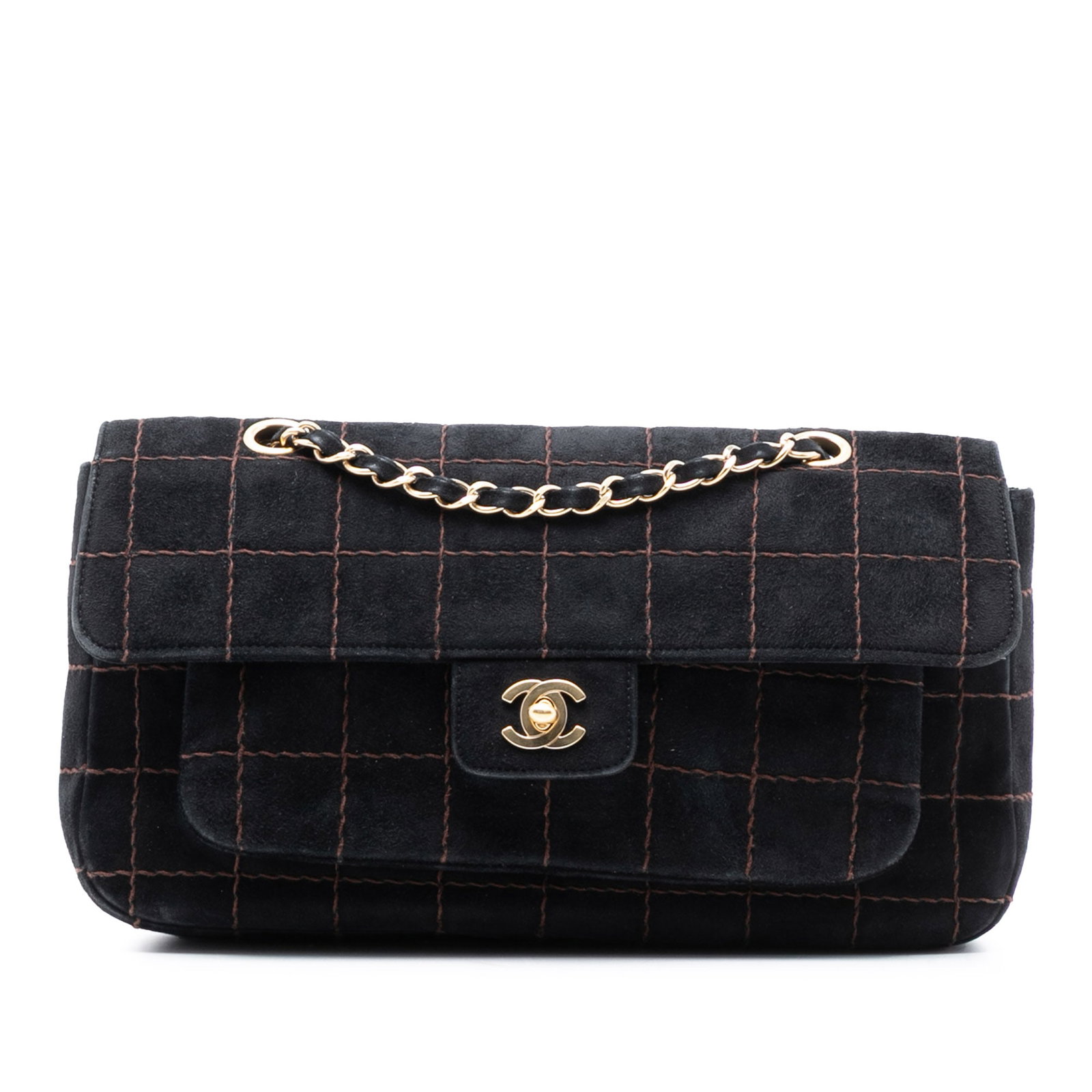 Chanel Choco Bar Black Suede Quilted Flap Shoulder Bag: Chanel Choco Bar Black Suede Quilted Flap Shoulder Bag This Chanel CC Choco Bar Suede Stitched Chain Flap shoulder bag features a quilted suede leather exterior with stitched detailing. It is designed
